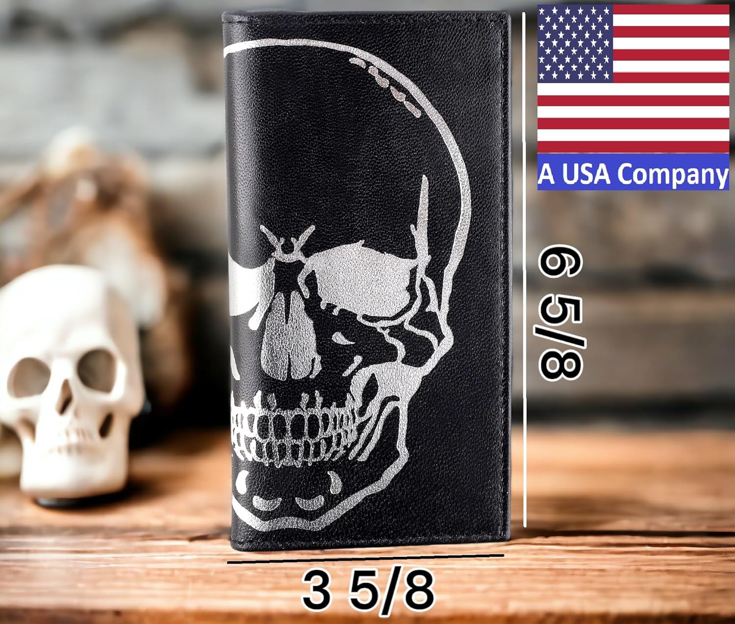 F&L CLASSIC Men's RFID Vintage Look Genuine Leather Long Bifold Wallet Checkbook Wallets,black skull,240-50 - Image 2