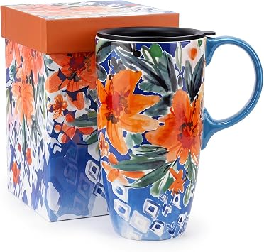 Topadorn Coffee Mug Travel 17oz Large Ceramic with Lid Mediterranean Floral