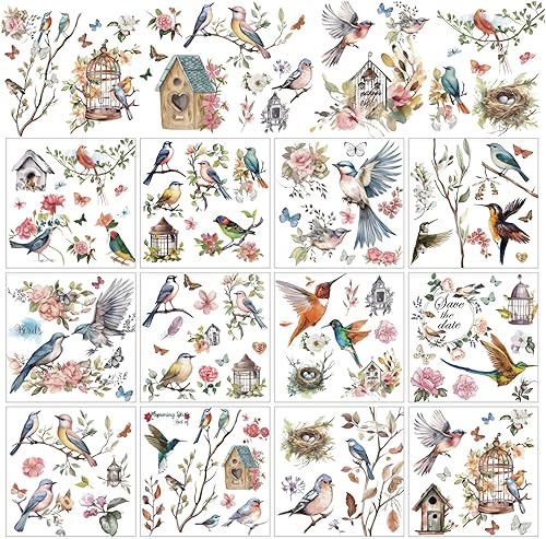Whaline 12 hojas de transferencias adhesivas de pájaros y flores para manualidades y muebles, clásicos pájaros florales, transferencia adhesiva de