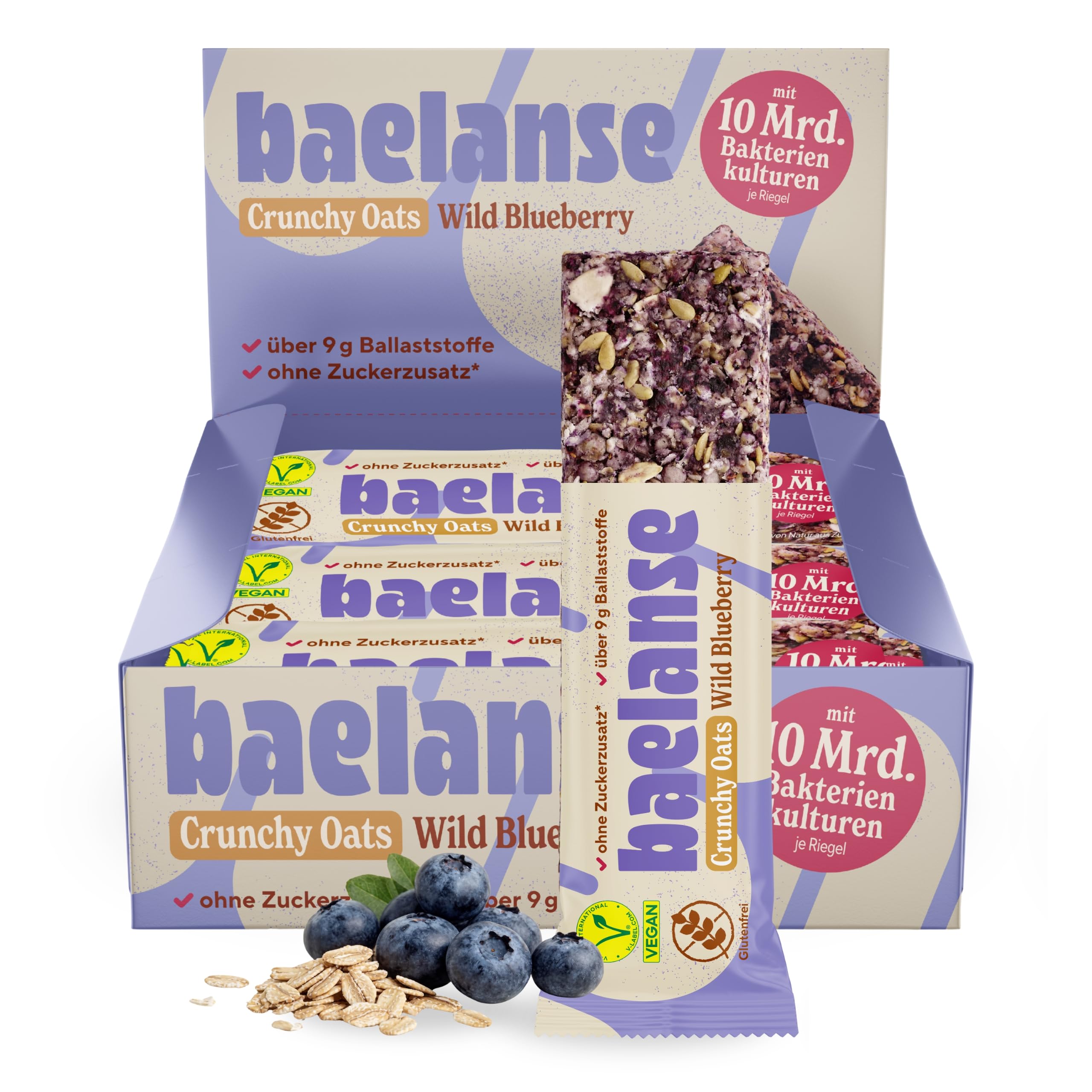 Baelanse® Haferriegel - Ohne Zuckerzusatz, vegan, glutenfrei, nussfrei, ballaststoffreich, mit Bakterienkulturen - Gesunder Snack für Darmgesundheit- 12x40g - Blaubeere