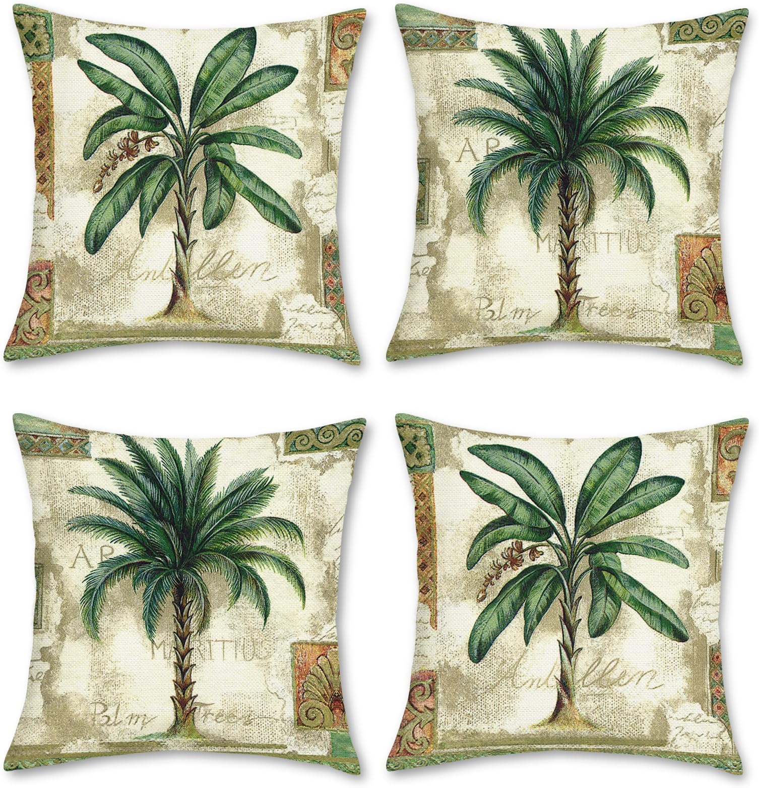 Bonhause Tropical Palm Tree Cushion Covers 45 x 45 cm Green Leaves Vintage Decorative Throw Pillow Covers Polyester Linen Pillowcases for Sofa Patio Outdoor Home Decor Set of 4