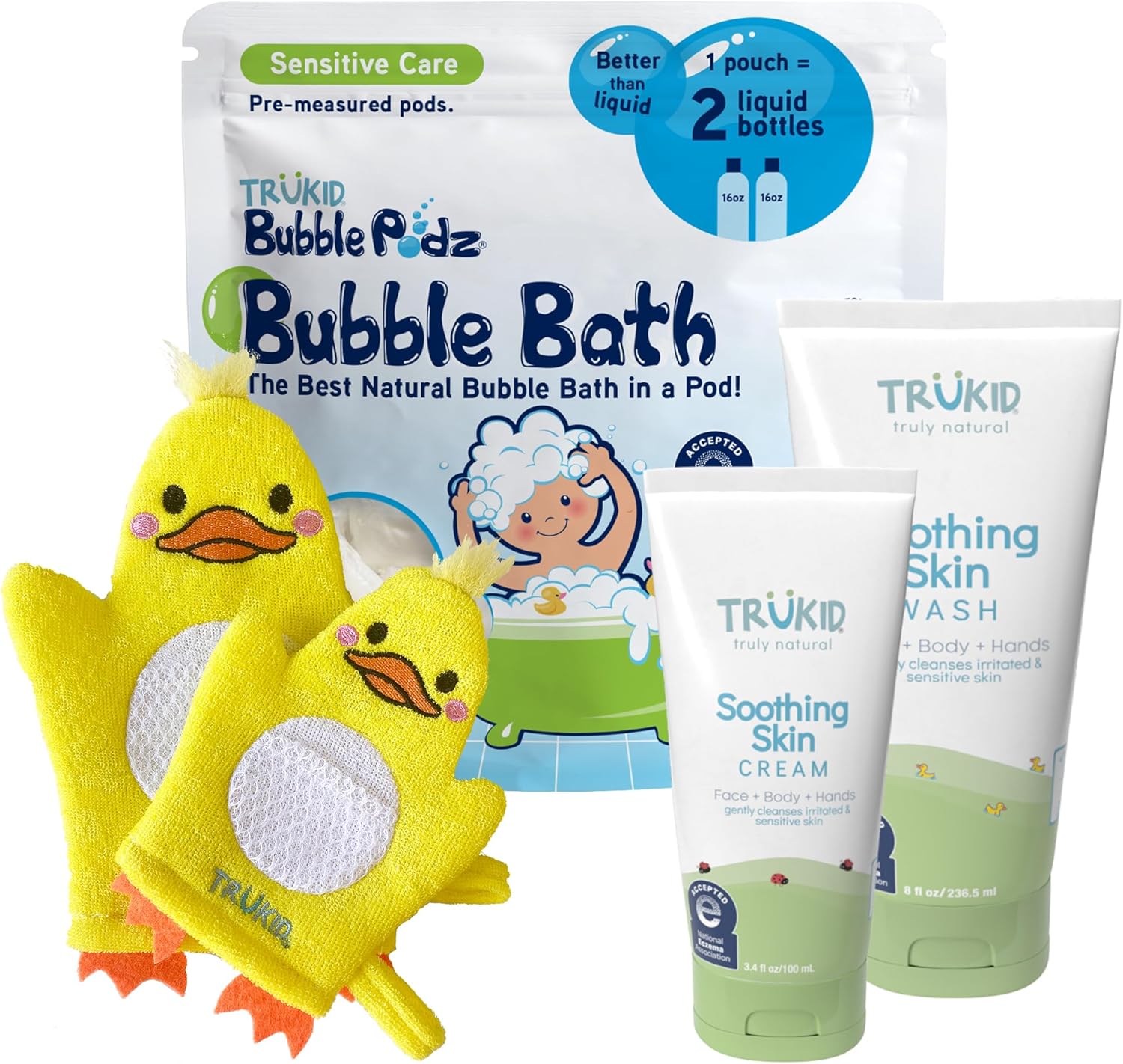 TruKid Eczema Bubble Podz with Eczema Cream & Bubble Glove – Gentle Bubble Bath and Skincare Set for Kids and Toddlers