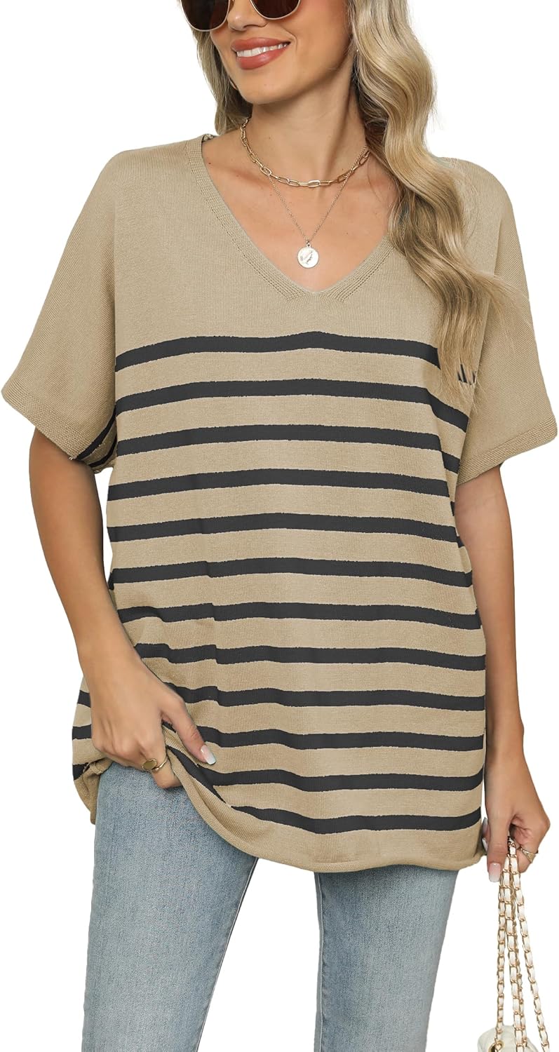 iChunhua Oversized T Shirts for Women Striped V-Neck Short Sleeve Casual Tee Summer Knit Sweater Tops