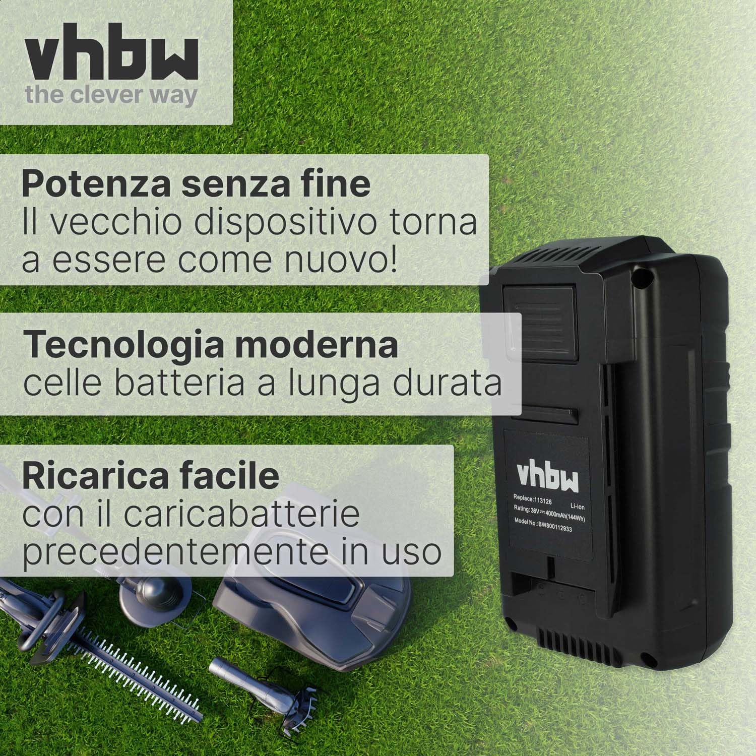 vhbw batteria sostituisce AL-KO 113124, 113126, 113280, 9113280, B150, B200 per tagliaerba, robot tagliaerba (4000mAh, 36V, Li-Ion)