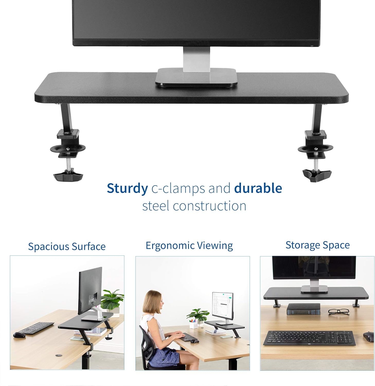 VIVO Black Clamp-on Small 26 inch Ergonomic Desk Shelf, Single Computer Monitor Stand Riser - Desk Organizer Holds 1 Screen or Laptop STAND-SHELF24B