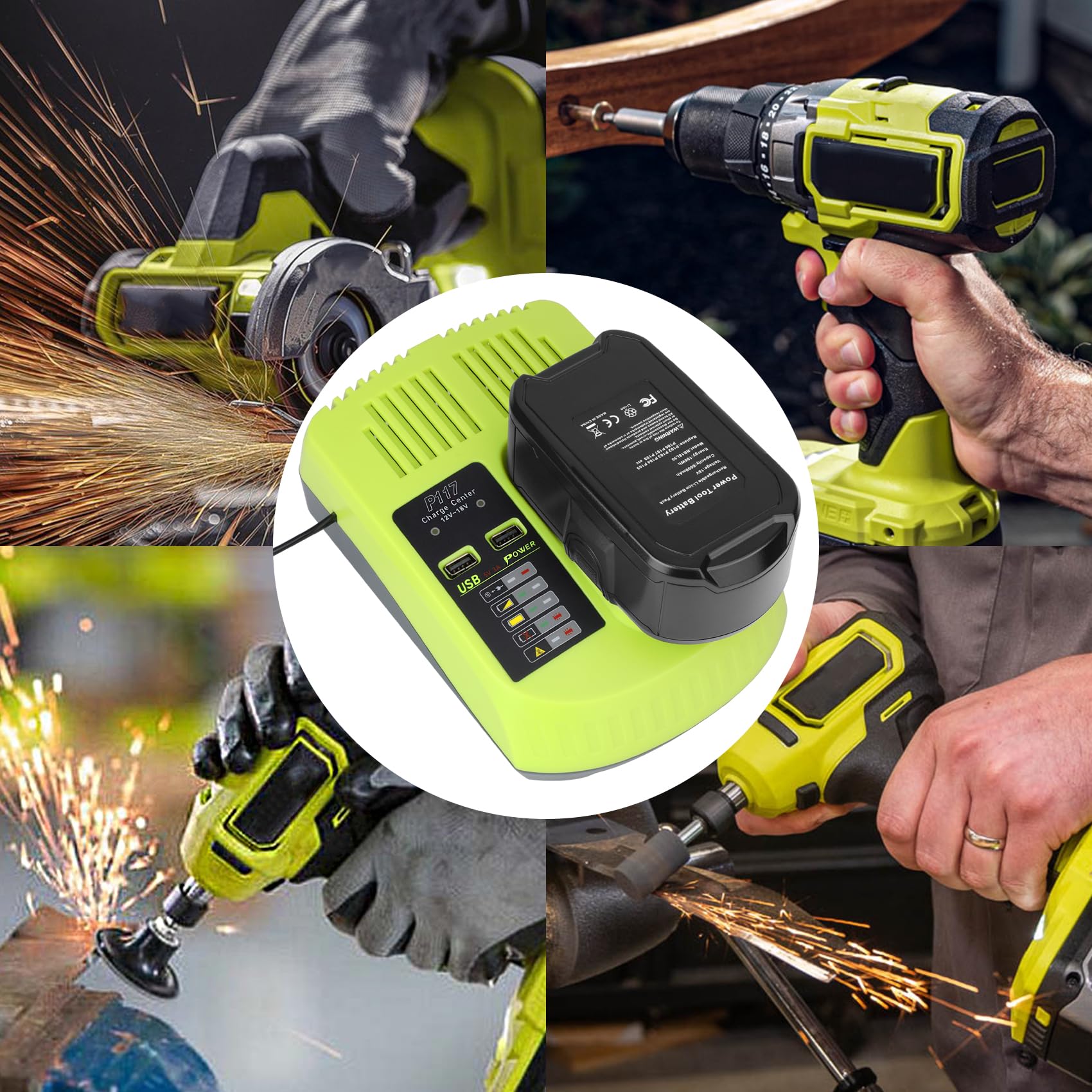 2X 18V 5.5Ah P108 Batteria di Ricambio per Ryobi Batteria 18V + Caricabatterie 3A 12V-18V P117 per Ryobi Caricabatterie per Ryobi P108 P107 P105 P100 P101 RB18L50 Batteria con Indicatore LED