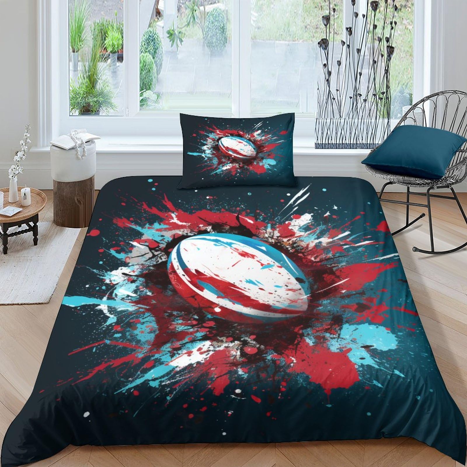 AAIRRA Rugby Duvet Cover for Teens And Adults 3D Print Graffiti Rugby Comforter Covers Quilt Cover Soft Microfiber Bedding Set with Pillow Cases with Zipper Closure 2 Pieces Single（135x200cm）