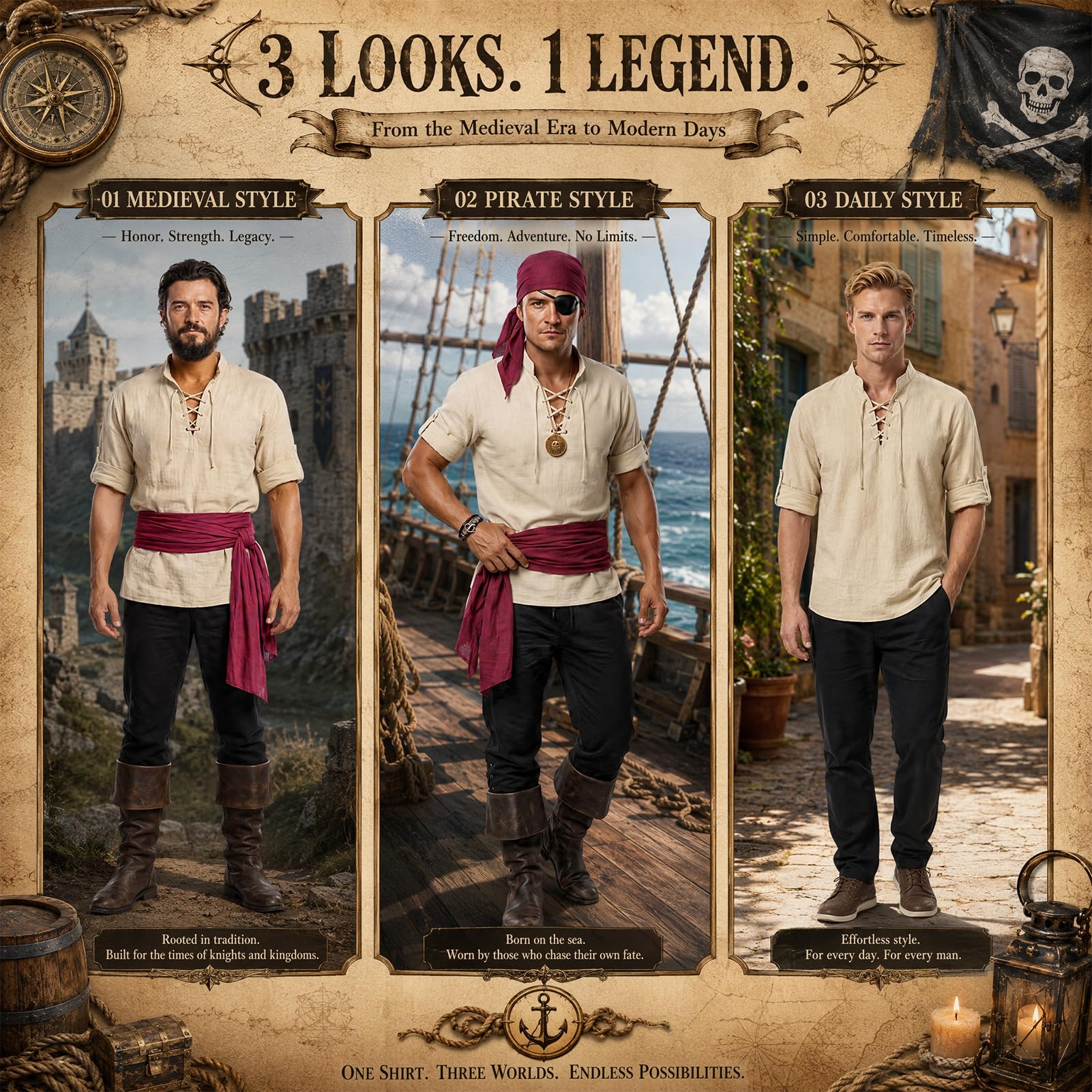 7-teiliges Piratenkostüm, Halloween-Kostüm, Herren, Piratenkostüm, Erwachsenen-Kostüm, Halloween-Kostüme für Karneval, Cosplay-Partys