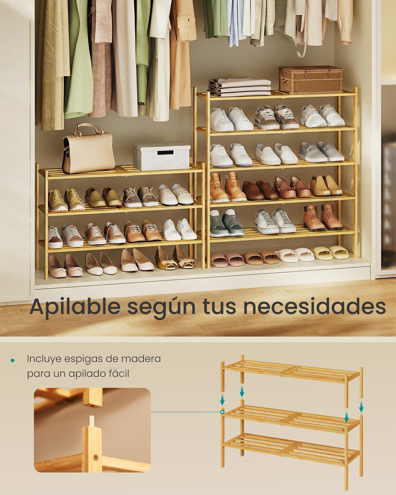 SONGMICS Zapatero de Bambú, 3 Niveles, Apilable, Estrecho, Estantería para Entrada, Salón, Dormitorio, Garaje, para 12-16 Pares de Zapatos, 25 x 70 x 51,5 cm, Natural LBS053YL01 — view 5