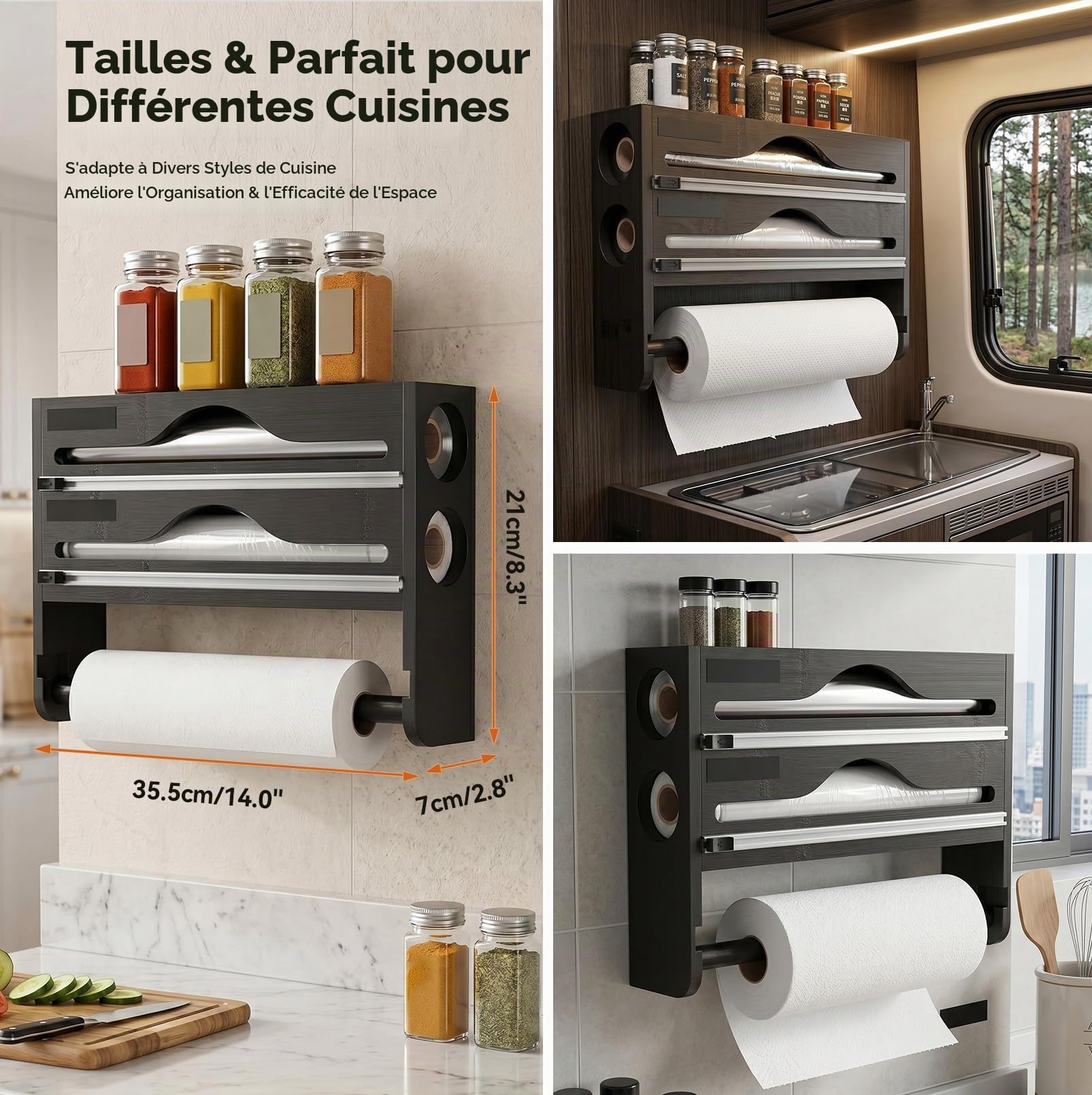 Porte-Rouleau Cuisine Mural 3 en 1 en Bois, Distributeur Film & Aluminium | Porte Essuie-Tout avec Distributeur Film Alimentaire et Papier Aluminium, Rangement Mural Gain de Place pour Cuisine