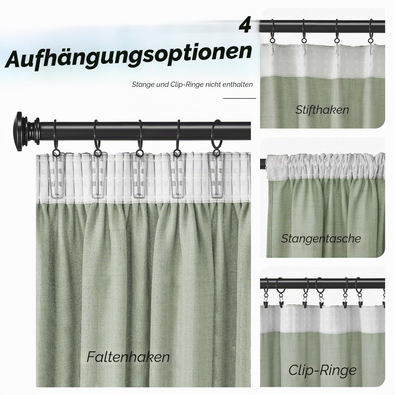 CUTEWIND Vorhang Wohnzimmer Leinen Grüne Vorhänge Vorhänge Kräuselband 245 x 200 cm (HxB) 1er Set, Vorhang Leinenoptik Vorhänge Salbeigrün Halbtransparent für Fenster Schlafzimmer Kinderzimmer