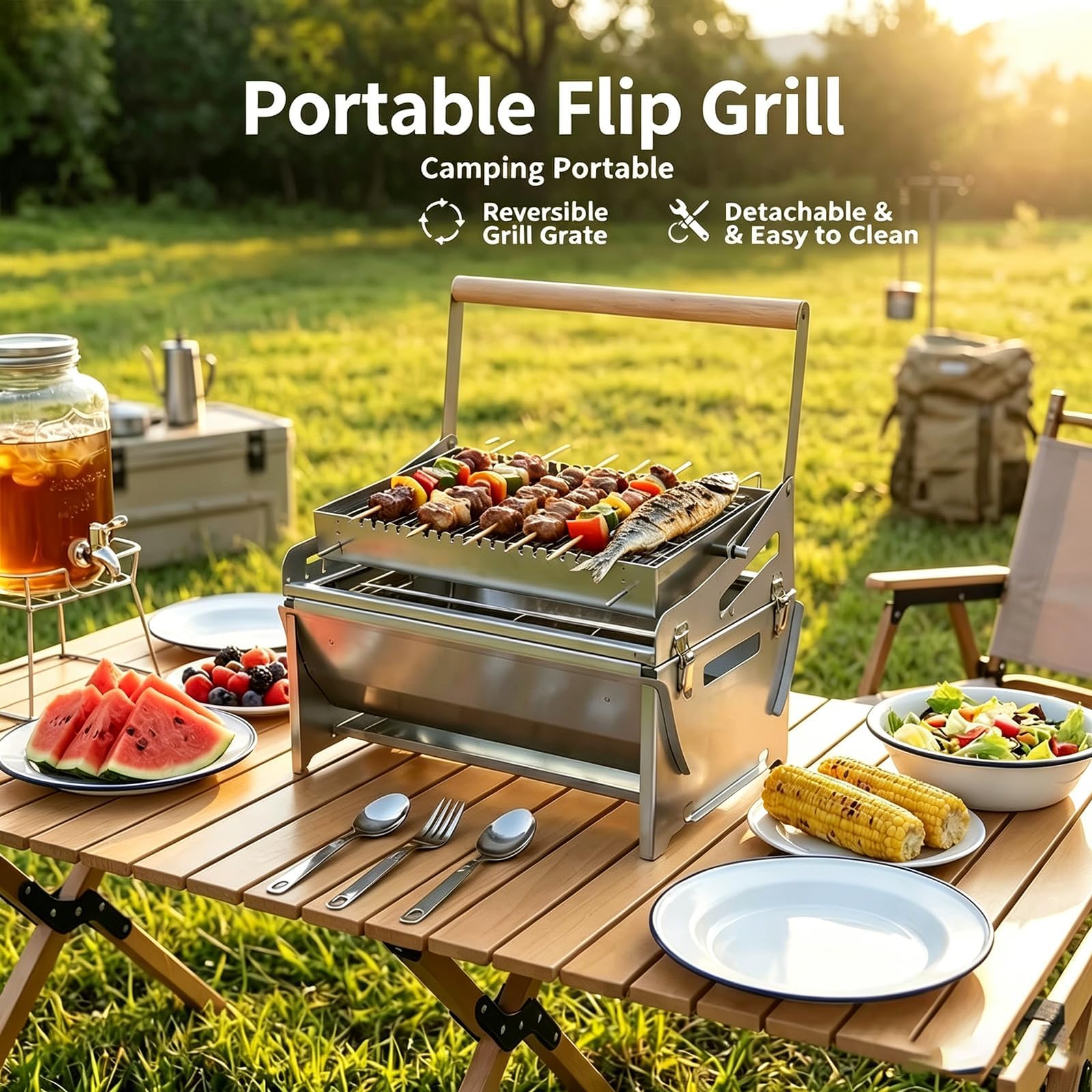 Przenośny grill węglowy z klapką, do grillowania piknikowego | dwustronny ruszt, drewniany termoizolowany uchwyt, boczne drzwiczki popielnikowe i wyjmowane tace ułatwiające czyszczenie