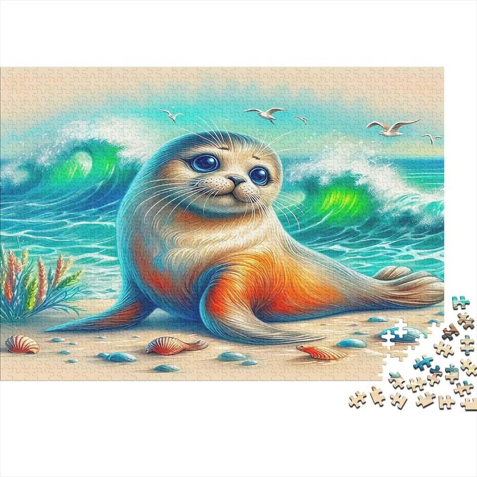 Cute Seal 1000 Piece Jigsaw Puzzle for Adults Coastal Scenery Paper Puzzle Game Home Decoration Gift Family Relaxation 70x50cm/1000pcs — image 1