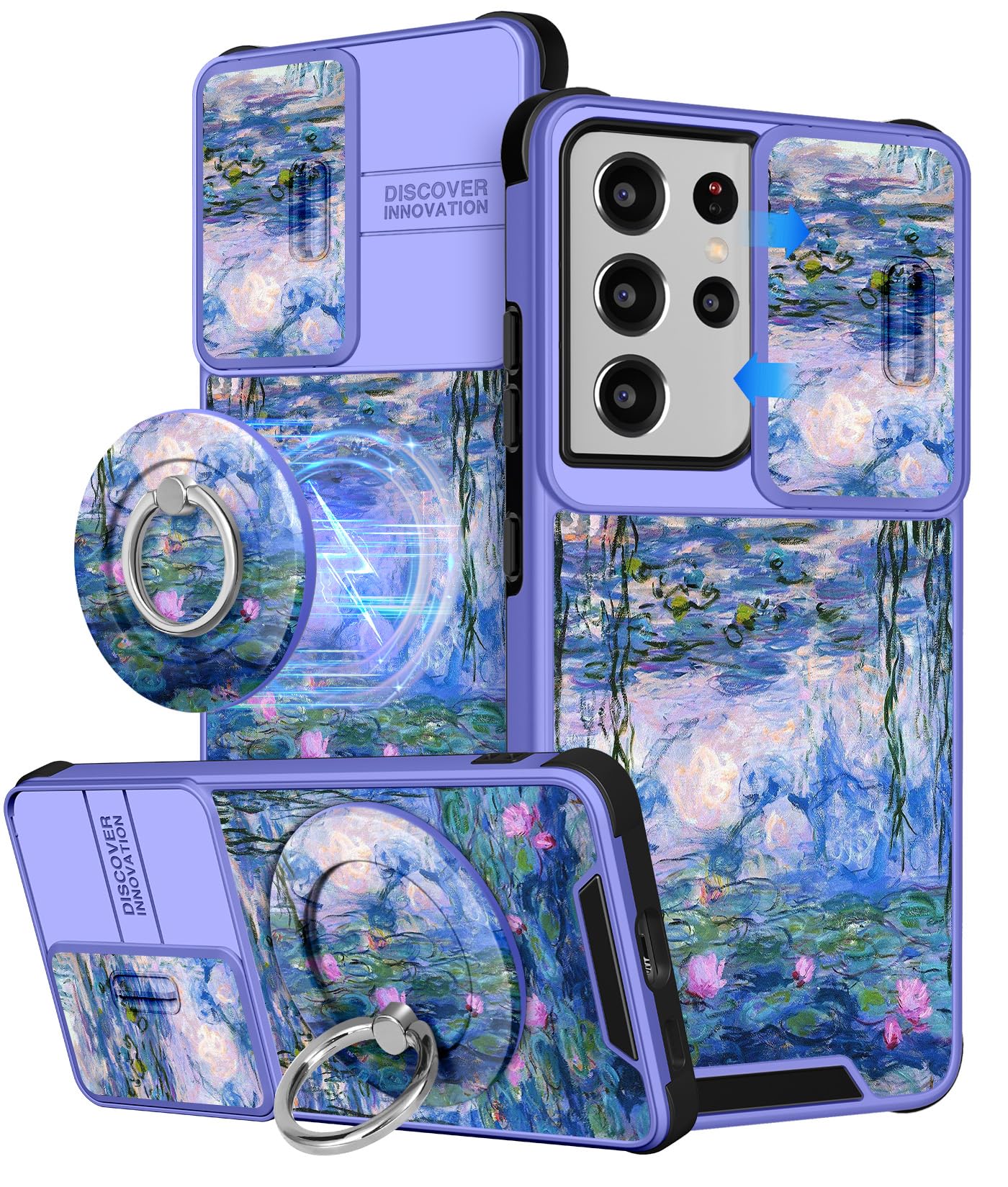 Buleens for Samsung Galaxy S21 Ultra Case 6.8 Inch - with Ring Stand & Camera Cover Aesthetic Cute Designed Women Girls Girly Blue Water Lily for