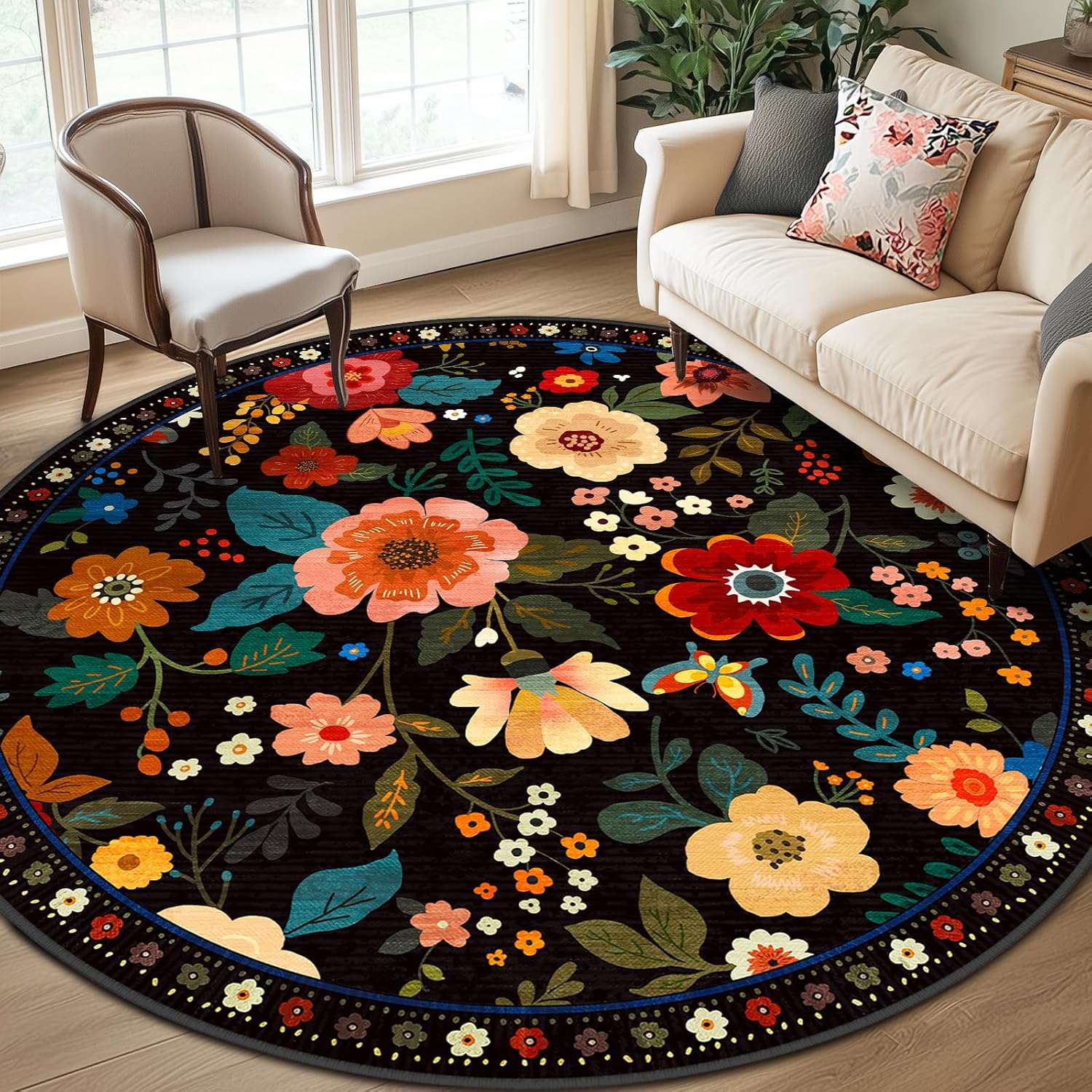 Floral 8ft Area Rug Machine Washable Soft Print Boho Carpet Non Slip Doormat Low Pile Flower Area Rugs for Living Room Bedroom Nursery Kitchen Dining Room Indoor-Black Black 8' (Round)