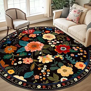 Floral 8ft Area Rug Machine Washable Soft Print Boho Carpet Non Slip Doormat Low Pile Flower Area Rugs for Living Room Bedroom Nursery Kitchen Dining Room Indoor-Black