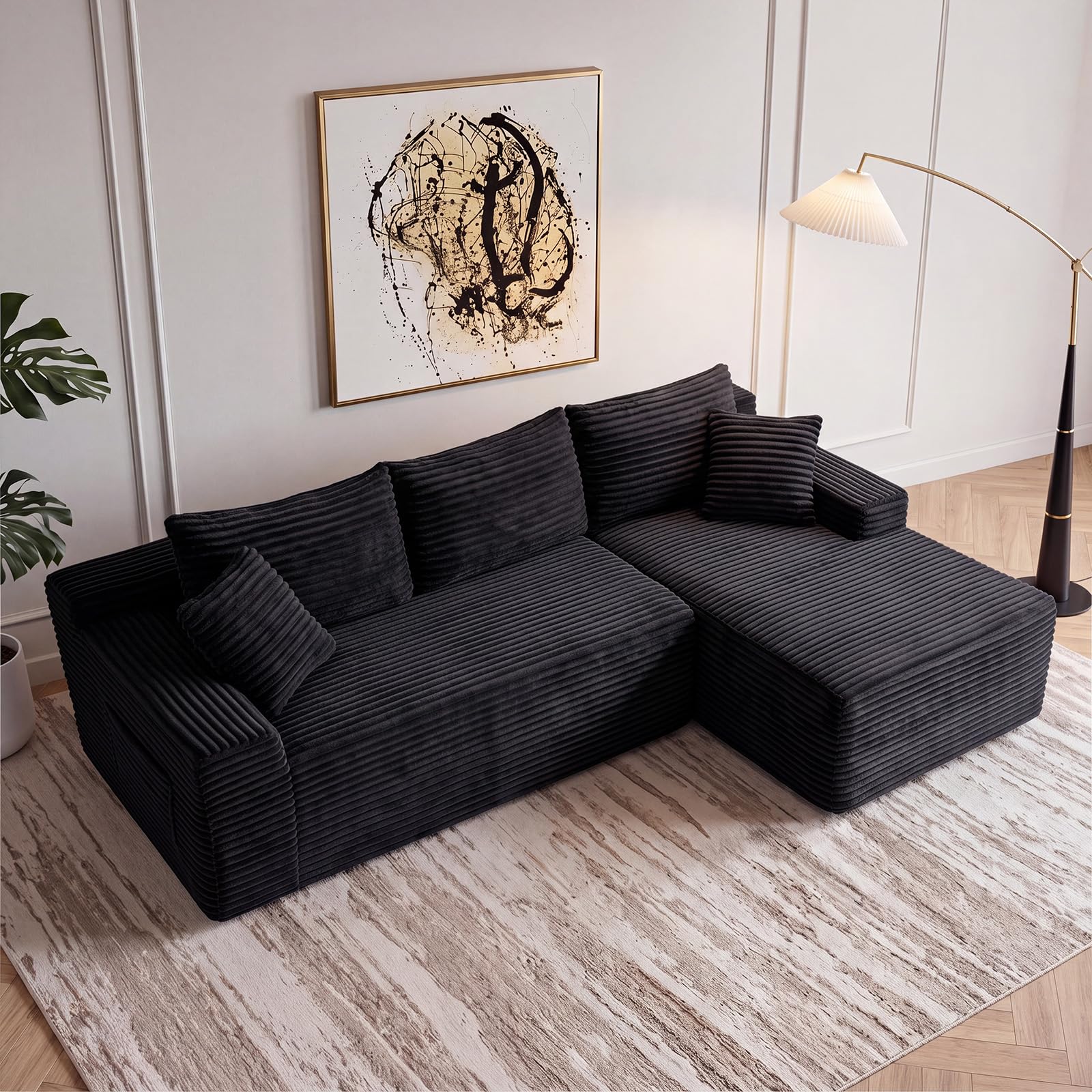 94.5" L Shaped Boneless Sectional Corduroy Couches for Living Room (Black)