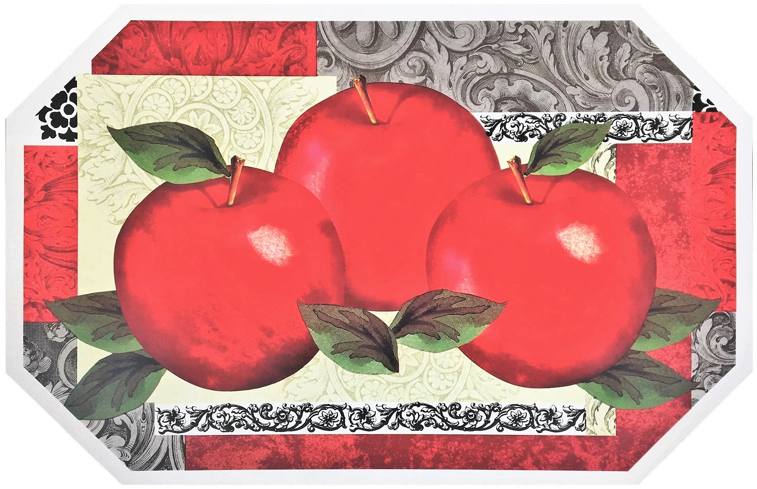 Pack of 4 Durable Design Placemat Set Deluxe Vinyl Latest Decoration Patterns Non-Slip Foam Ease Wipes Clean (Apples)