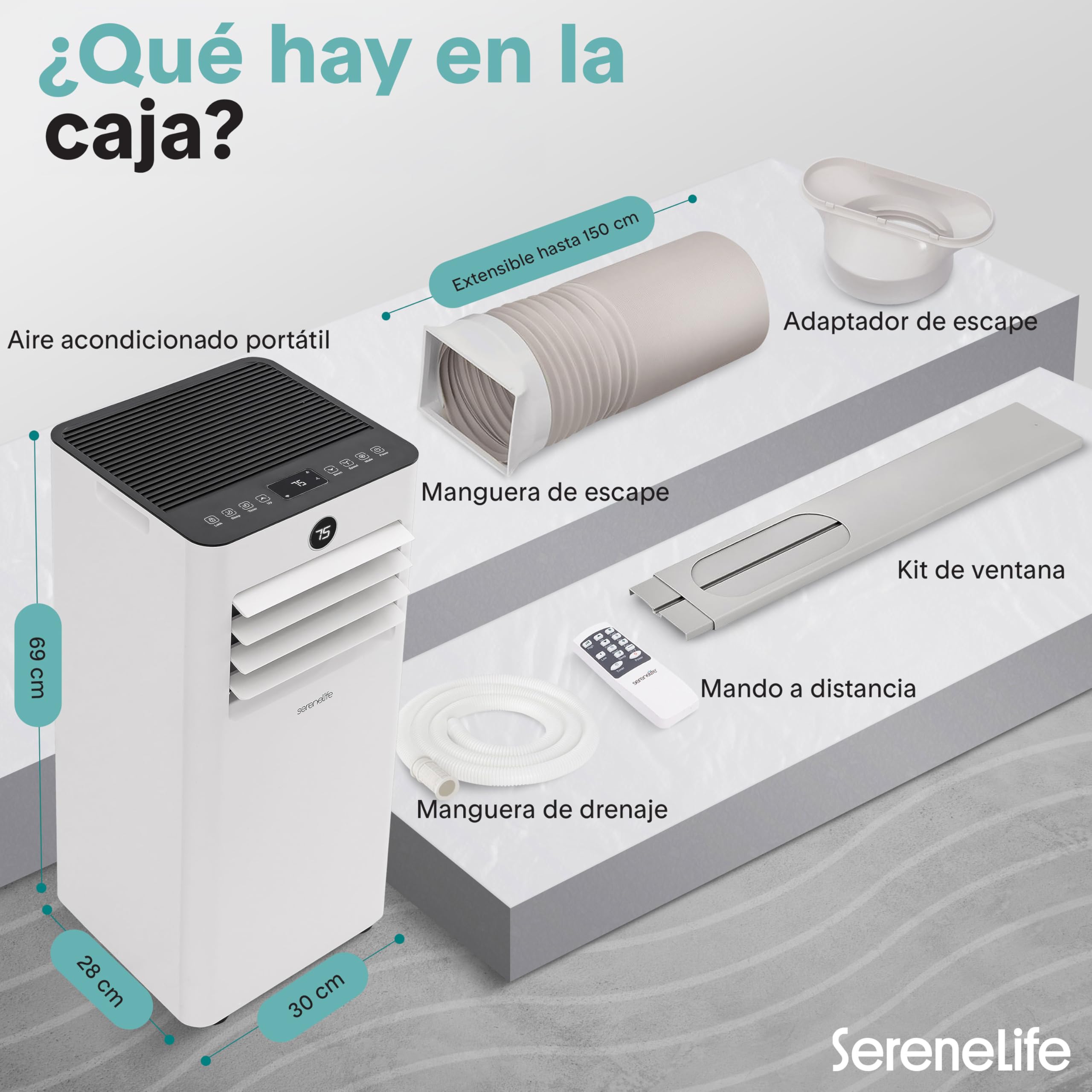 SereneLife Aire Acondicionado Portátil 9000 BTU, Climatizador WiFi con Mando a Distancia, Kit de Montaje para Ventana, Deshumidificador y Ventilador, Compacto para Casa, Oficina y Escuela