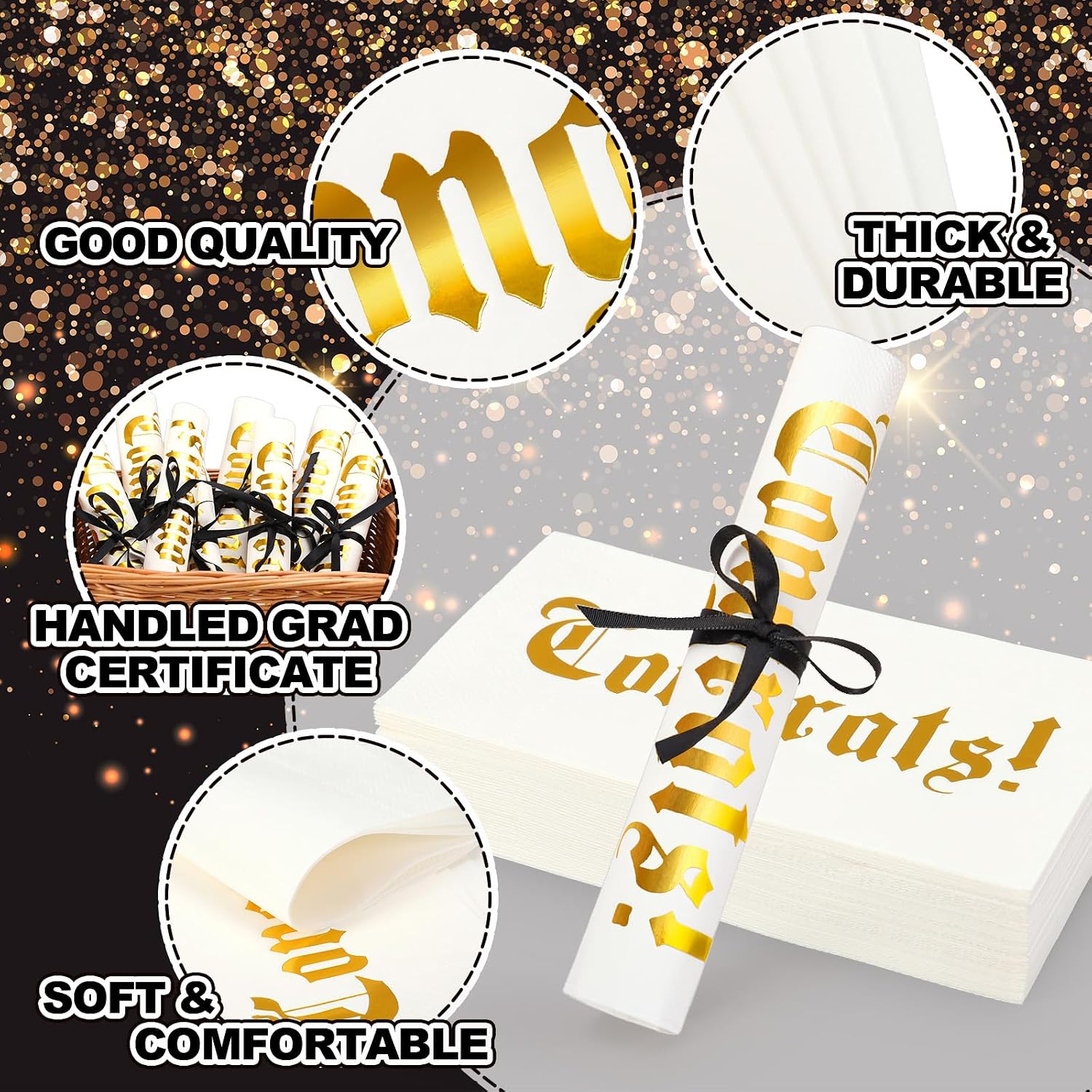 AnyDesign 50 Pcs 2026 Graduation Congrats Paper Napkins Gold Foil Rolled Silverware Guest Napkins with Ribbon Disposable Dinner Hand Towels for School Celebration Tableware Grad Party Favors image 3