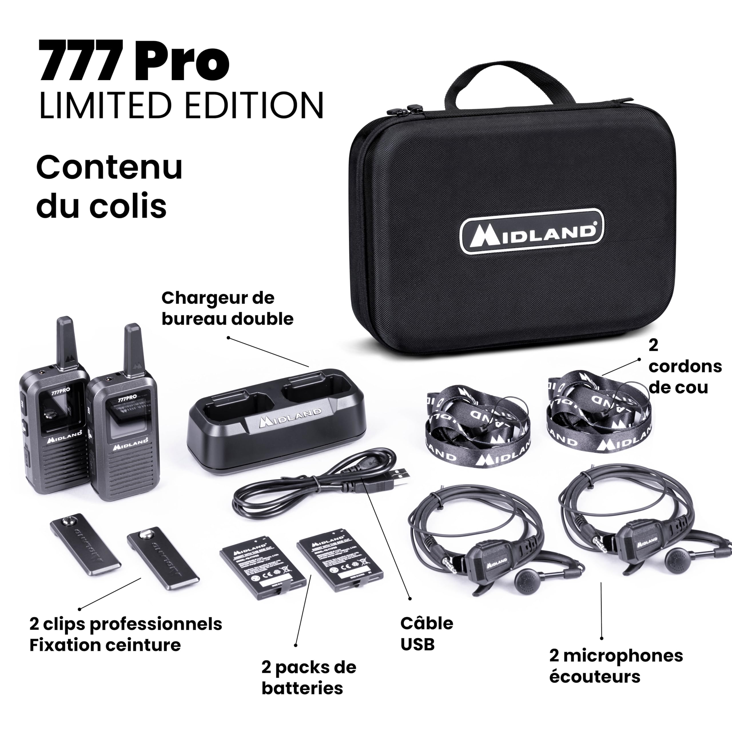 Midland - Talkie Walkie Professionnel 6Km 777 Pro, 2 Radio Récepteur Émetteur pour Sécurité, 85 Canaux - 16 PMR446/69 LPD, 38 CTCSS e 104 DCS, Autonomie 14H, Écran Numérique et Piles Rechargeables