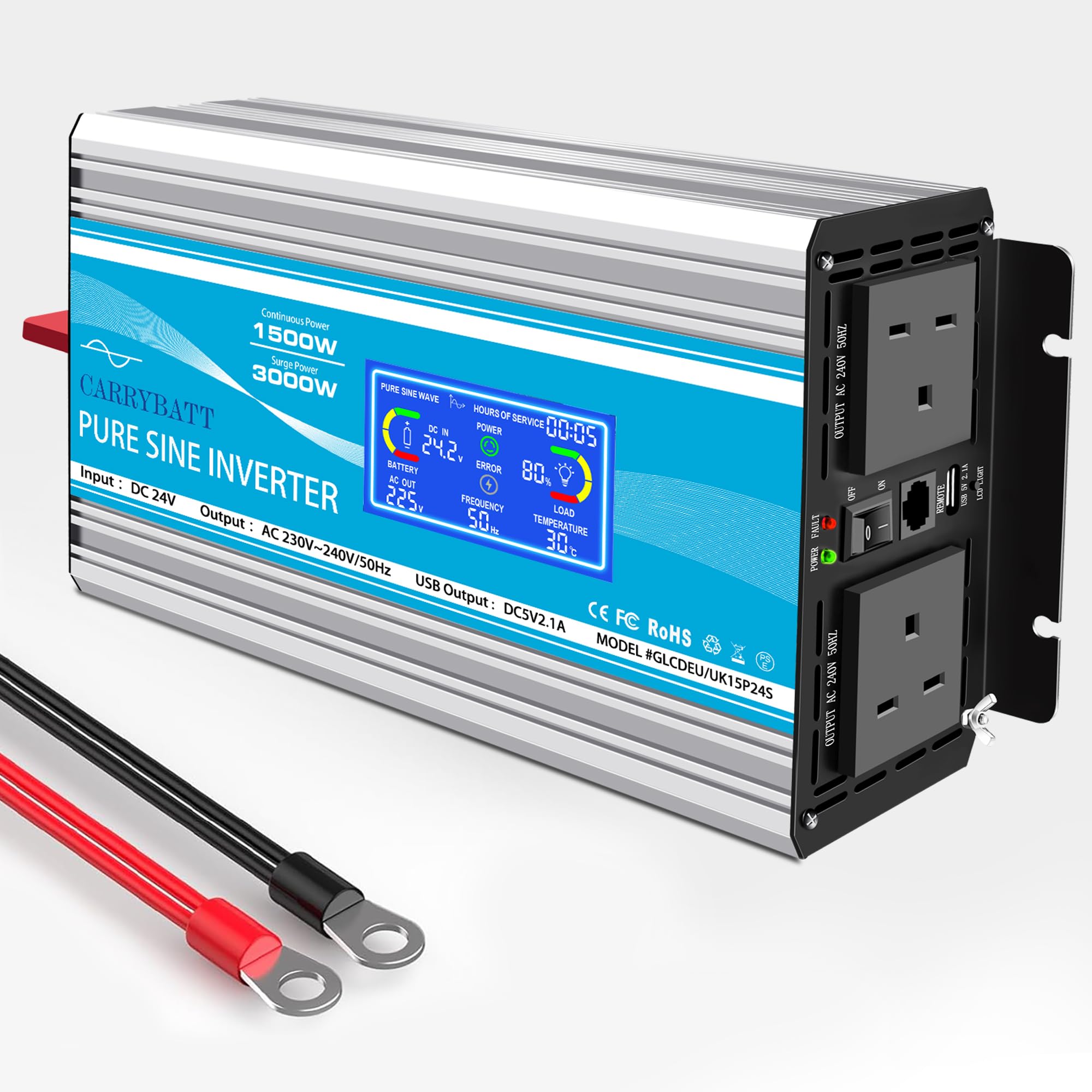 CARRYBATT 1500W Pure Sine Wave Power Converter (DC 24V to AC 230V 240V LCD Display Converter) with Remote Control, Dual AC Output, and USB Ports for RVs, Trucks, Boats, Camping, Home, and Vans.