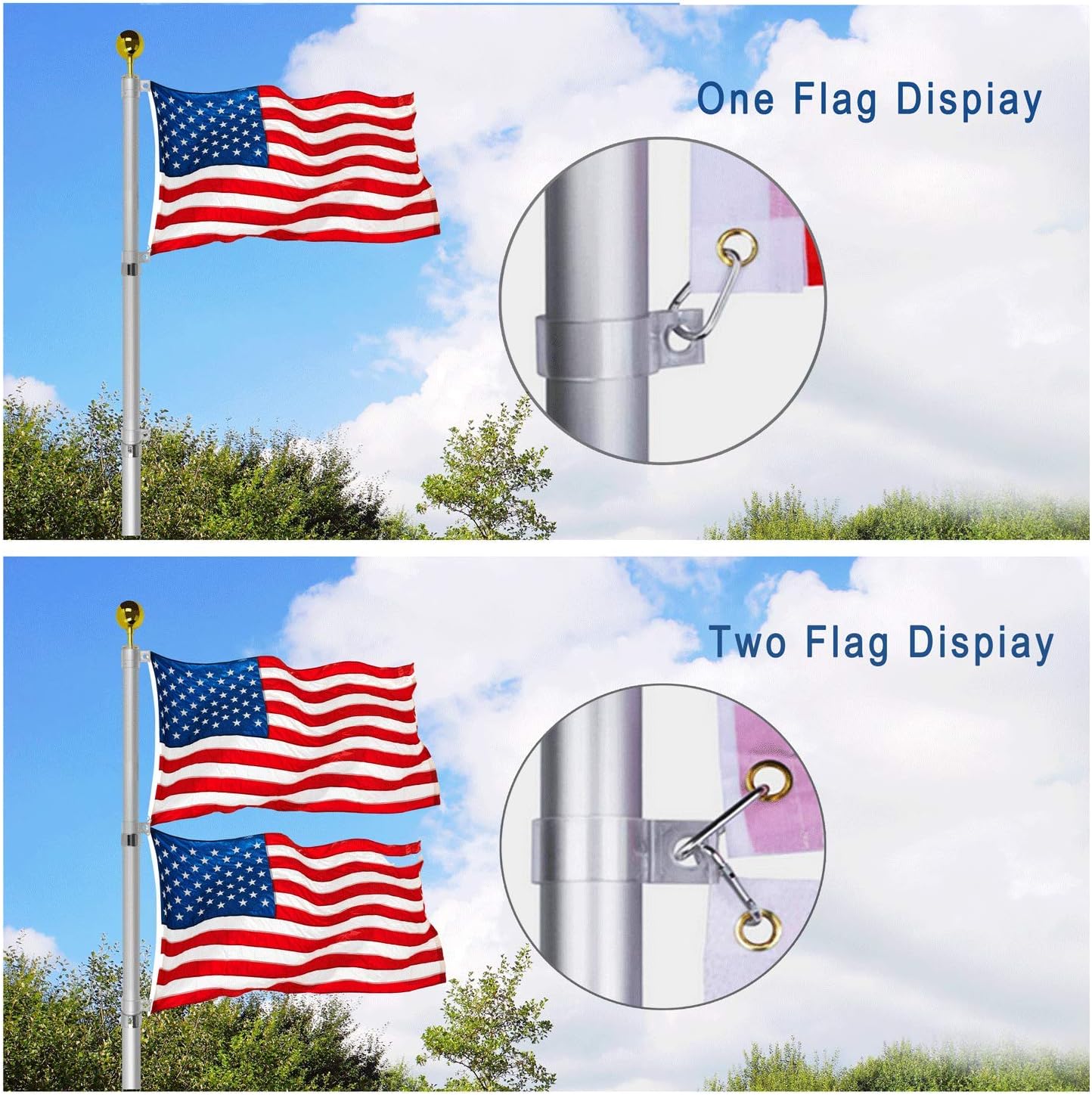 OUTNEE 30FT Telescoping Flag Pole Kit, Extra Heavy Duty Thick Aluminum Flagpole Fly 2 Flags, Outdoor In Ground Flagpole with Free 3x5ft USA Flag for Residential/Yard/Company (Silver)