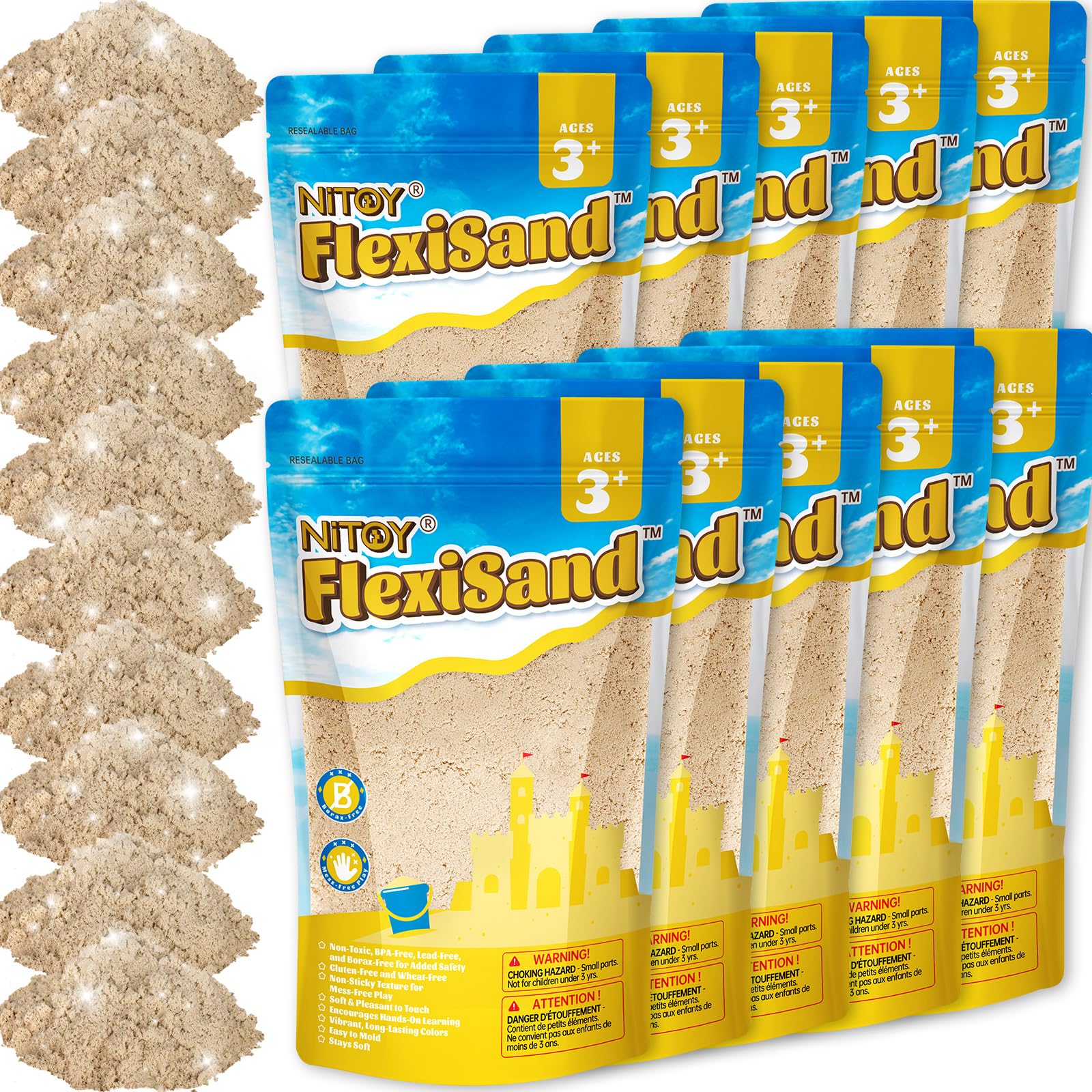 NiToy FlexiSand 19 lbs Value Pack of Moldable Self-Sticking Sand, Never Dries Out Fun for 3 Years and Up Kids, Bulk Refill for Sensory Sand Box Toys, Ideal for Shaping and Molding (Original Color)