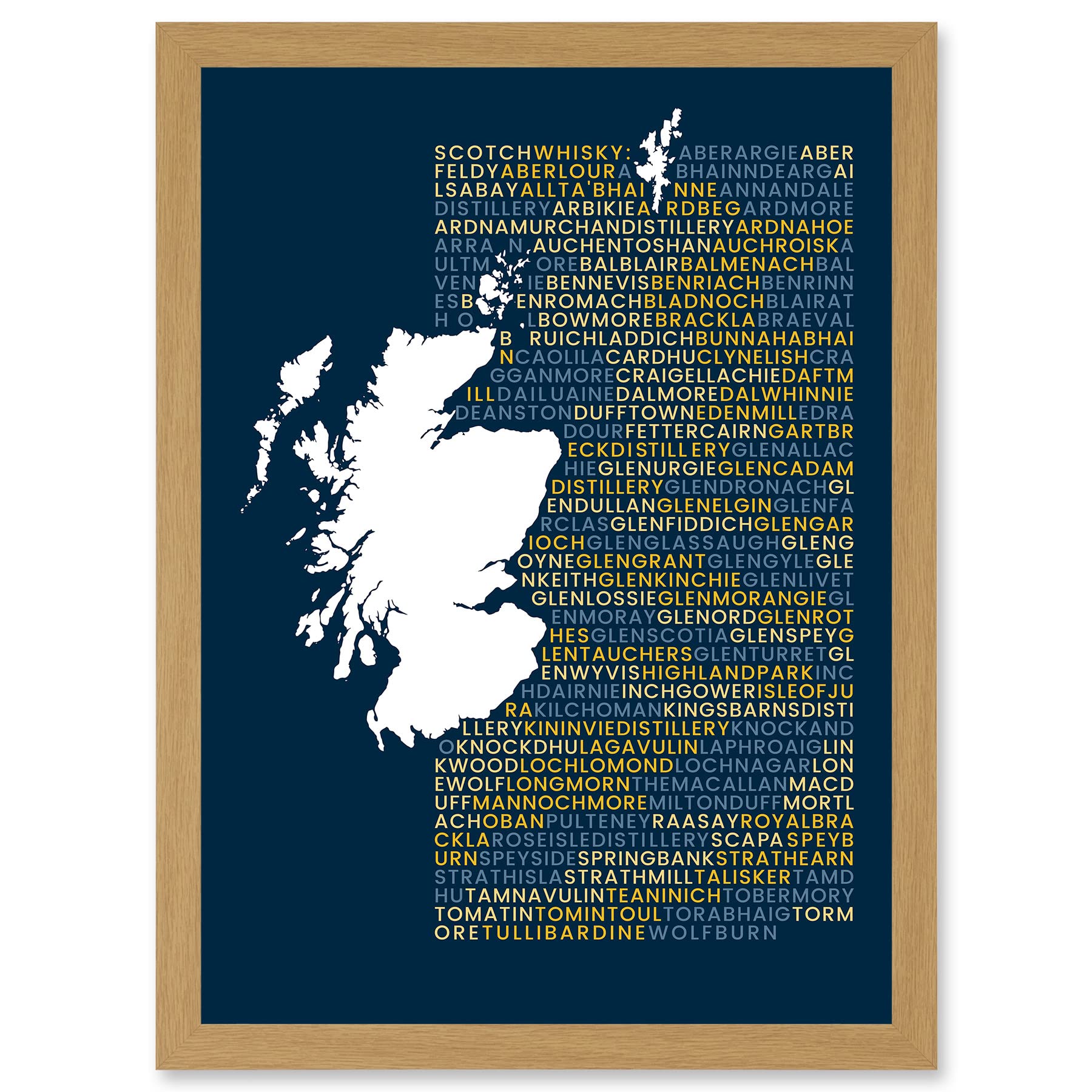 Wee Blue Coo Scotch Whisky Distilleries Typography Map Artwork Framed Wall Art Print A4