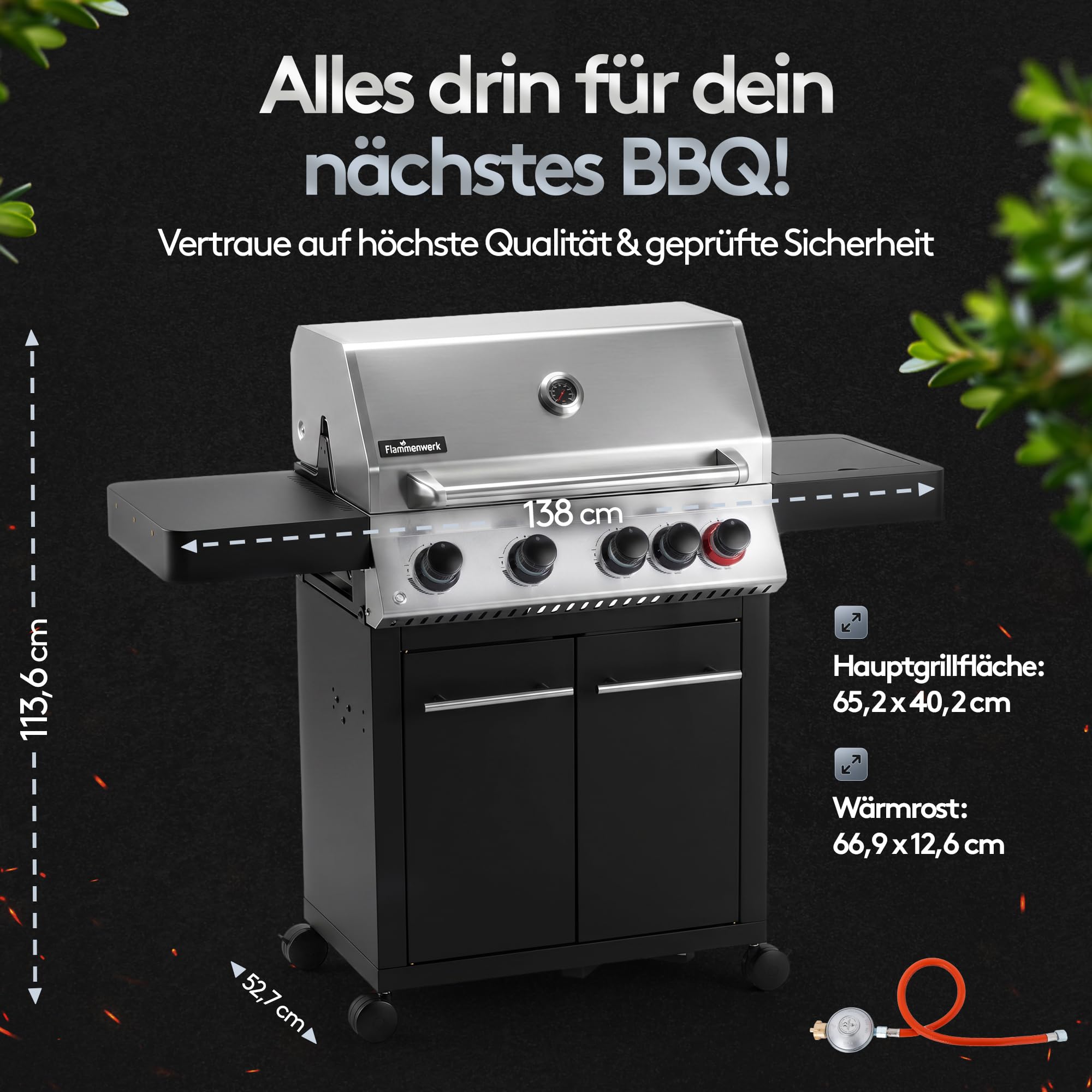 Profi Gasgrill 4 Brenner + Seitenkochfeld – 17kW Gesamtleistung, LED-Knöpfe – Hochwertiger BBQ Grillwagen mit Deckel - Gusseisenrost & Warmhalterost