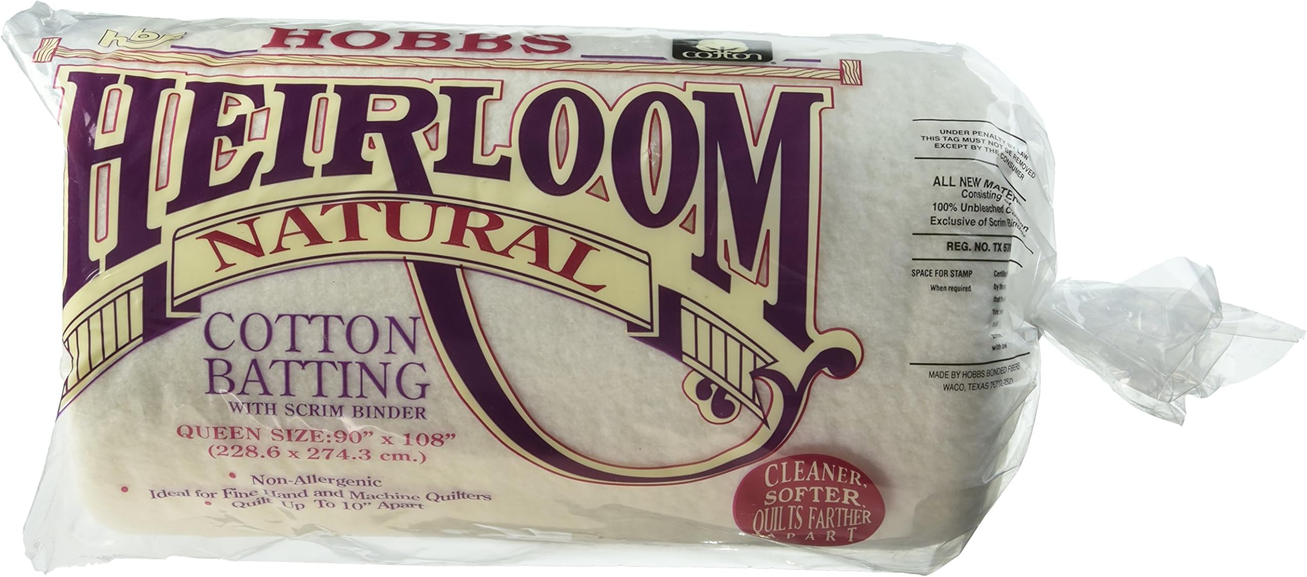 Hobbs HNS90 Batting Heirloom Natural Unbleached Cotton with Scrim, 90" x 108"
