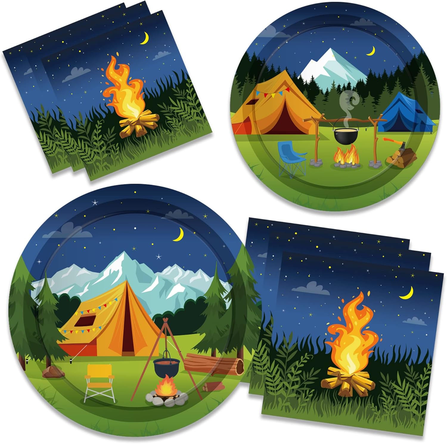 Camping Tent Bonfire Birthday Party Tableware Set Serves 24