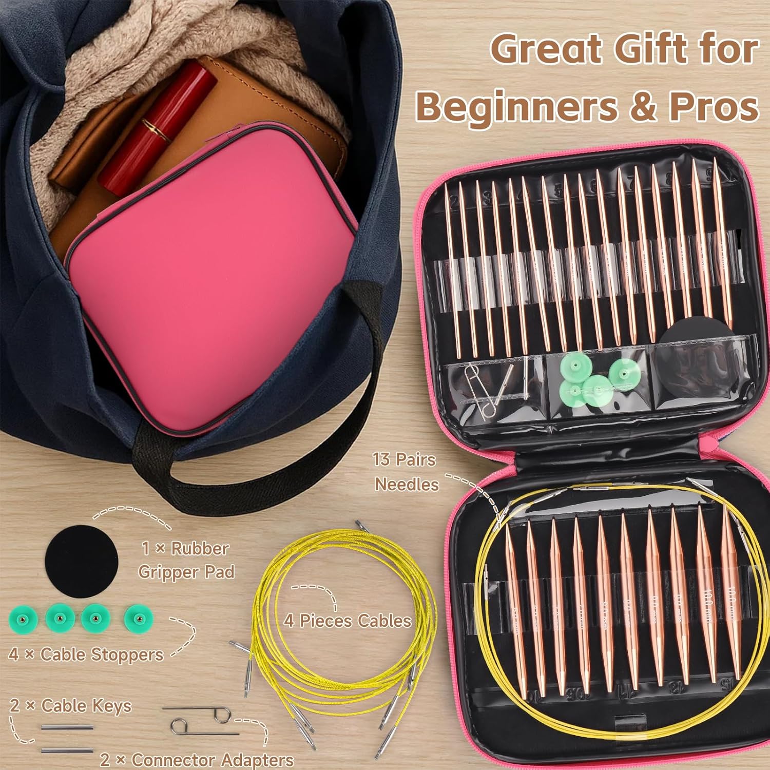 Interchangeable Circular Knitting Needles Set, 13 Pairs (26pcs) Rose Gold Aluminum Knitting Needles Kit, Sizes 3.0mm–10.0mm, Knitting Needle Case & Accessories for Knitting Beginners & Advanced
