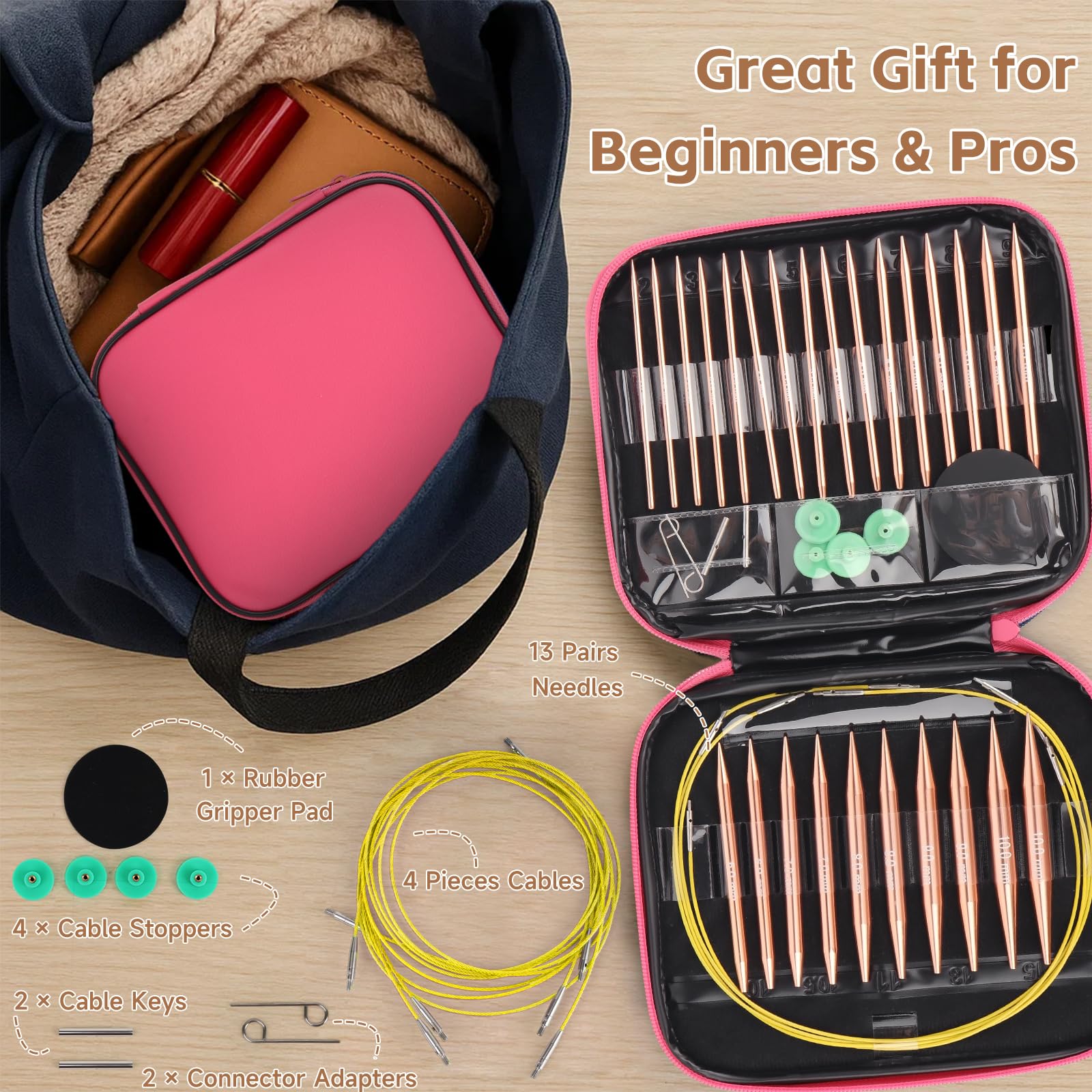Juego de agujas circulares intercambiables, 13 pares (26 piezas) de agujas de tejer de aluminio de oro rosa, tamaños de 3 mm a 10 mm, estuche de agujas de tejer y accesorios para principiantes y