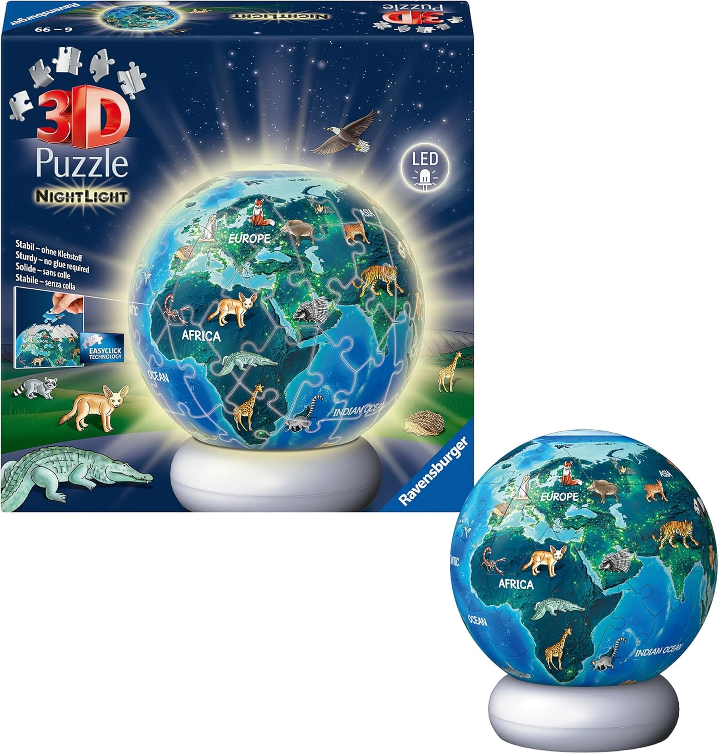 Ravensburger 3D Puzzle Earth with Animal Motifs - 3D Puzzle Children from 6 Years - Puzzle Ball with LED Night Light as Bedside Lamp for Children - Children's Globe Gifts for Girls and Boys - 12008055