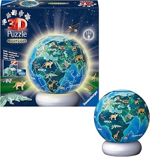 Ravensburger 3D Puzzle Erde mit Tiermotiven - 3D Puzzle Kinder ab 6 Jahren - Puzzle-Ball mit LED Nachtlicht als Nachttischlampe für Kinder - Kinderglobus Geschenke für Mädchen und Jungen - 12008055