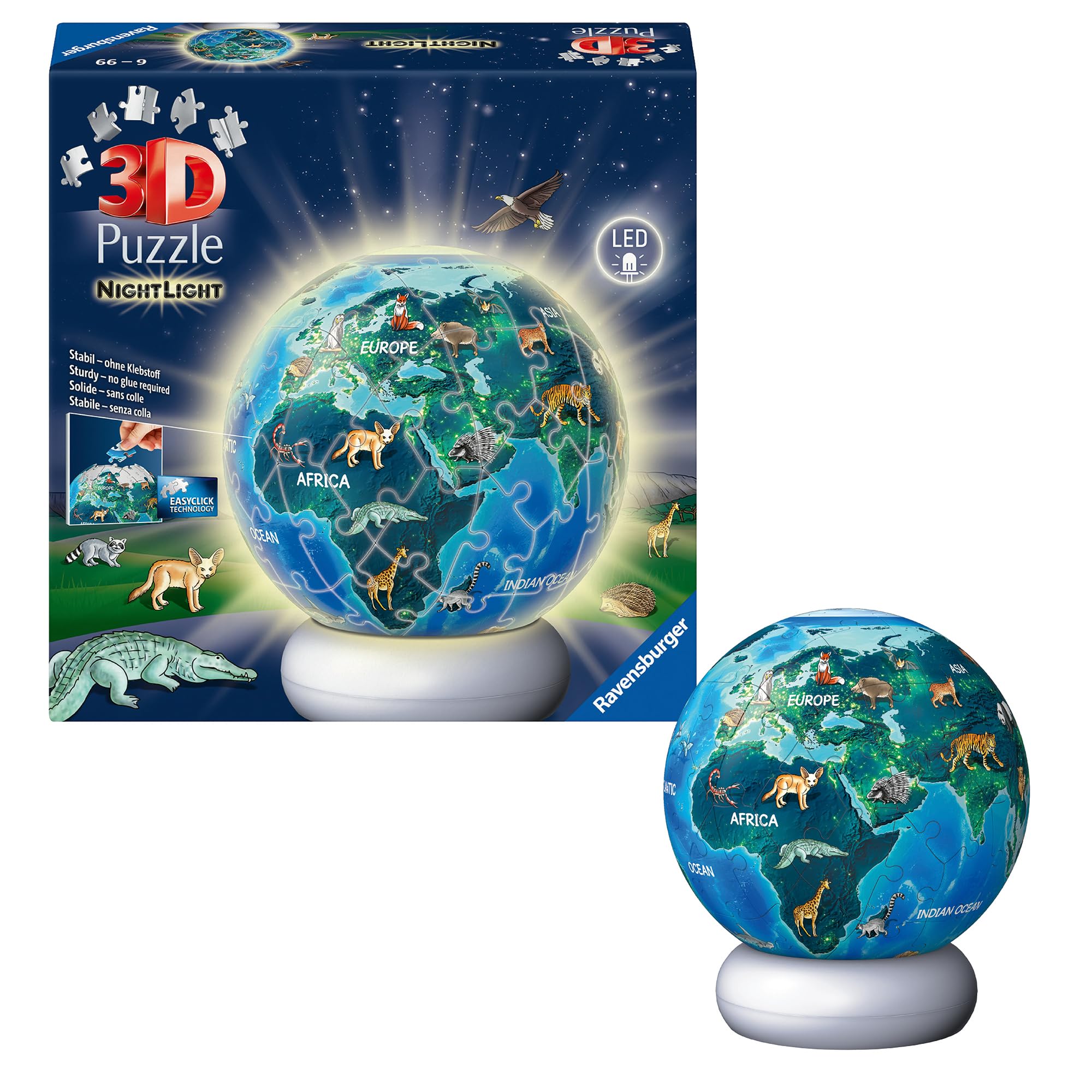Ravensburger 3D Puzzle Erde mit Tiermotiven - 3D Puzzle Kinder ab 6 Jahren - Puzzle-Ball mit LED Nachtlicht als Nachttischlampe für Kinder - Kinderglobus Geschenke für Mädchen und Jungen - 12008055