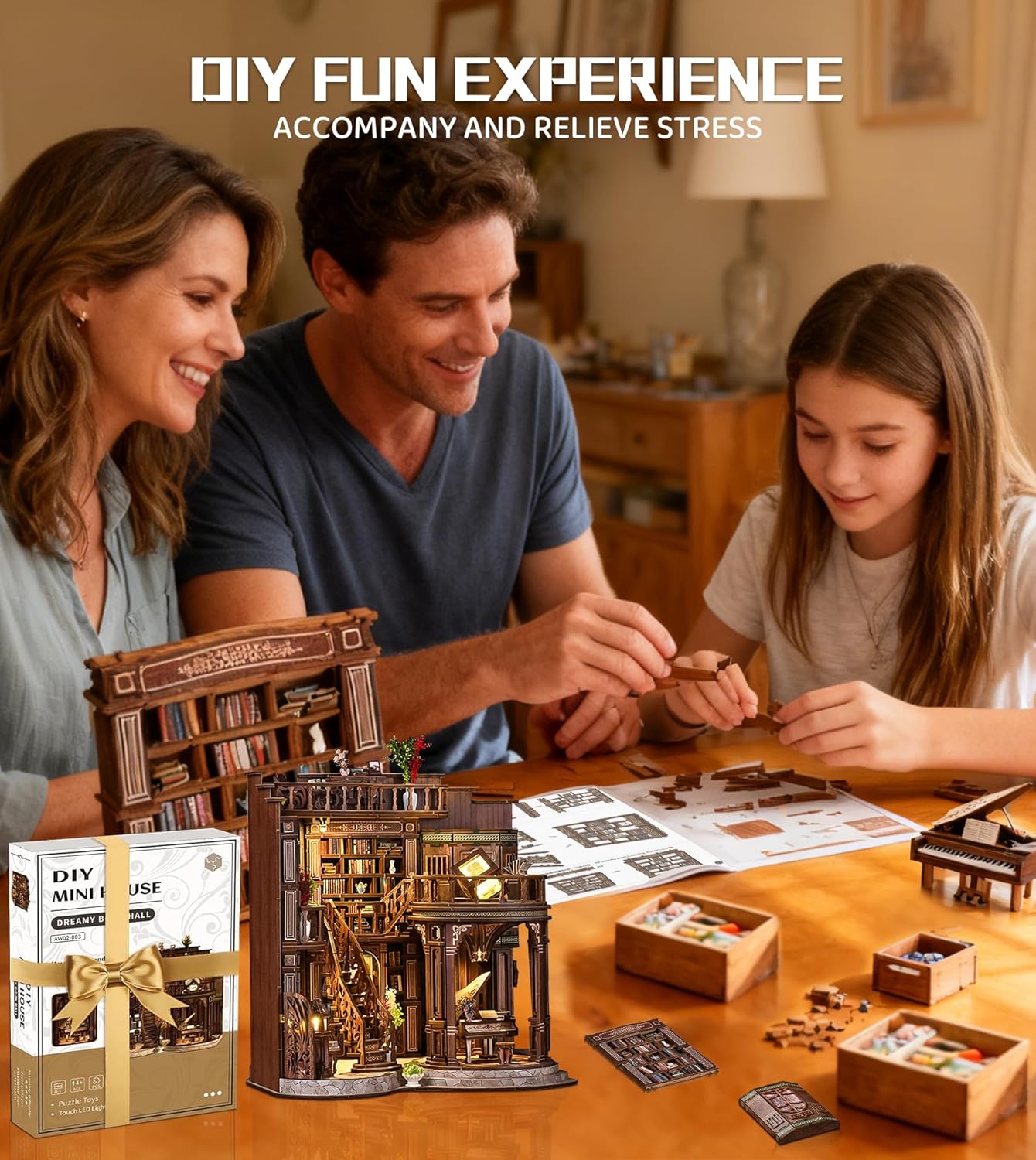 DIY Miniature House Kit, Book Nook kit Dreamy Book Hall 3D Wooden Puzzle with LED Lights, House Building Kit for Home Decoration and Creative Gift for Women Men Friends(Dreamy Book Hall)