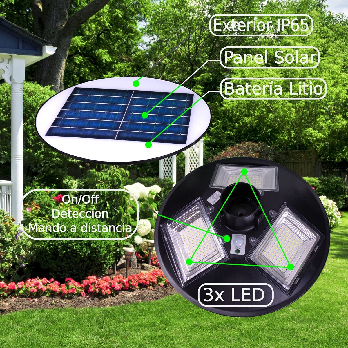 Jandei - Solarna lampa uliczna LED 1500 lumenów, do użytku na zewnątrz, IP65, akumulator i pilot zdalnego sterowania, czujnik obecności
