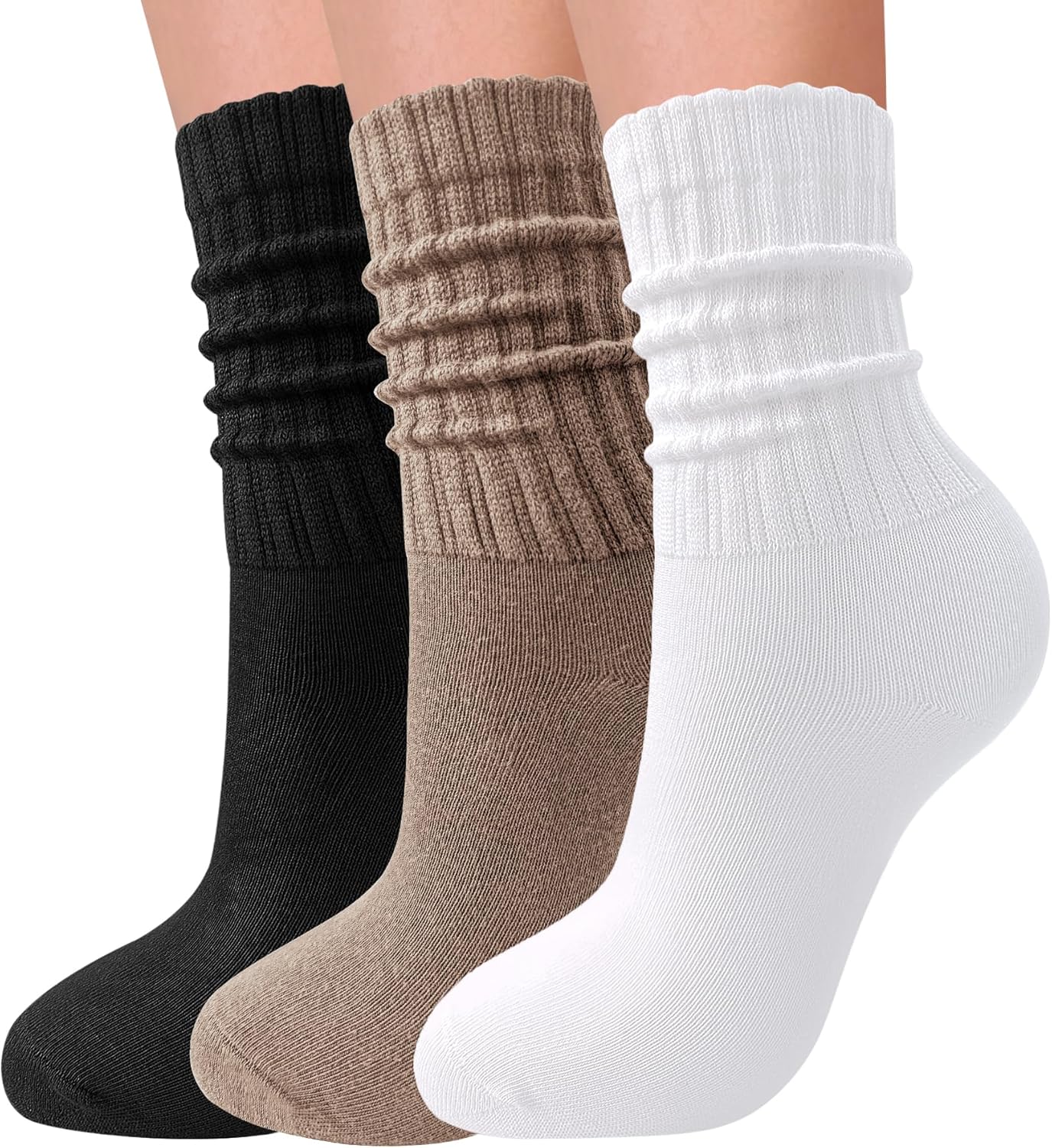 3 Pairs Slouch Socks for Women Soft Mid Calf Rib Scrunch Crew Tube Socks