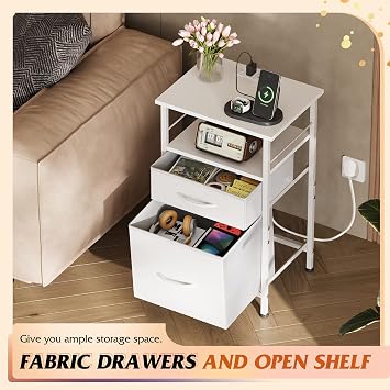 WLIVE Bedside Table with Charging Station, 2 Fabric Drawers, White