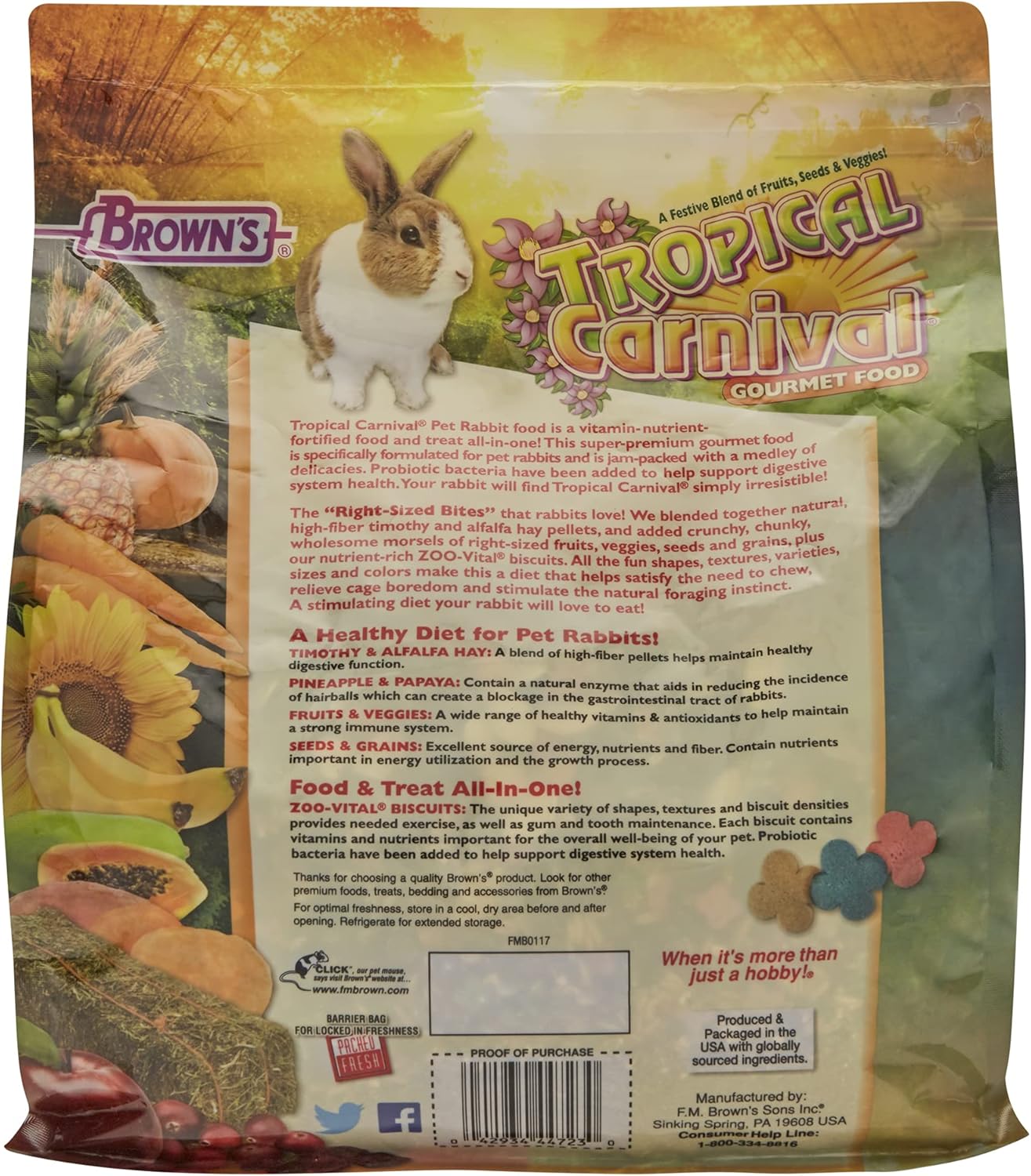 F.M. Brown's Tropical Carnival, Gourmet Pet Rabbit Food with High-Fiber Timothy and Alfalfa Hay Pellets, Probiotics for Digestive Health, Vitamin-Nutrient Fortified Daily Diet, 5 lb