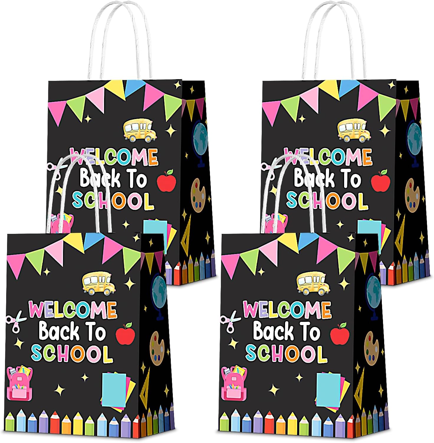 KERINGO 16 PCS Back to School Gift Bags Colorful Pencils Flags Decorative Gift with Handles Candy Treat Bags for Classroom Party Favors Supplies