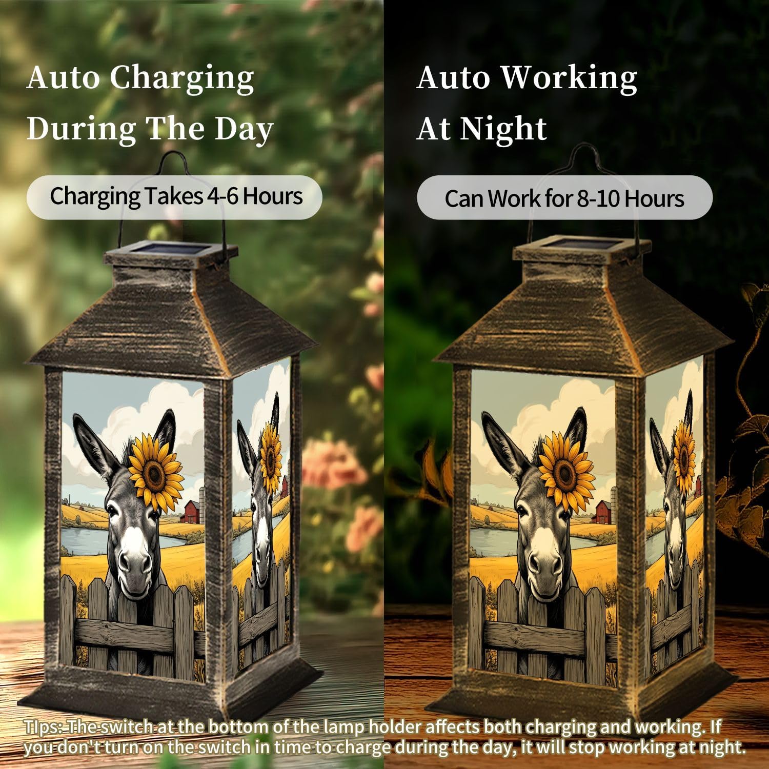 Solar Lantern Funny Donkey Pastoral Scene Wall Decor Outdoor Waterproof Garden Hanging Lantern Solar Powered Lighting Outside Table Lamp for Patio Deck Camping 1 Pack
