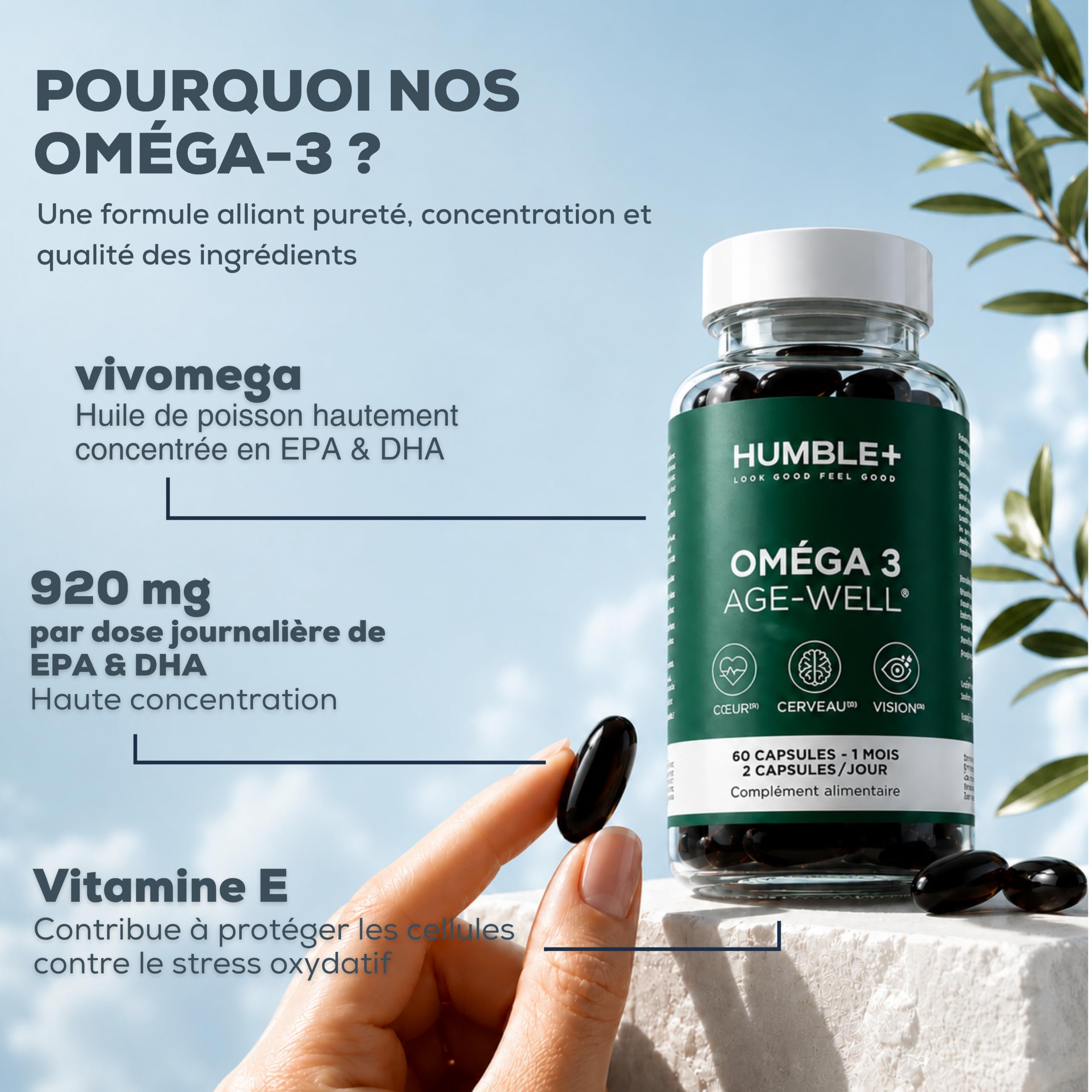 HUMBLE+ Oméga-3 Age-Well® - EPA & DHA Concentrés - Huiles Marines Purifiées de Poisson et de Krill - Cœur, Fonction Cérébrale et Vision - 60 Capsules - Marque Française
