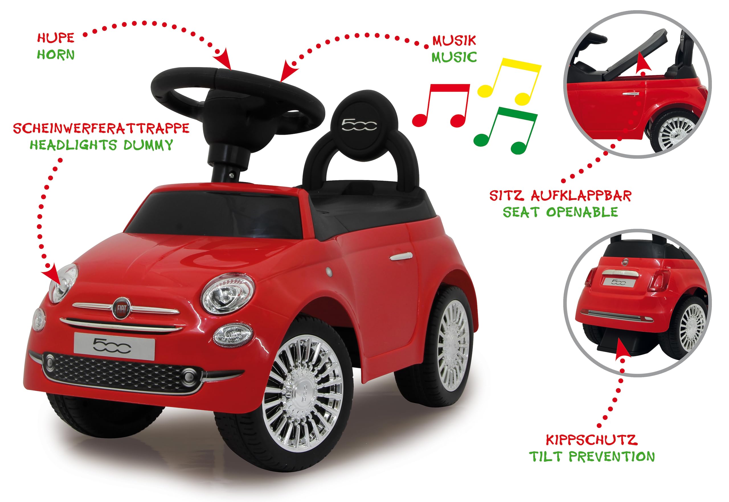 Jamara 460326 - Push-Car Fiat 500 rosso – Bagagliaio sotto il sedile, Maniglia per spinta e sostegno, Clacson, Protezione da ribaltamento