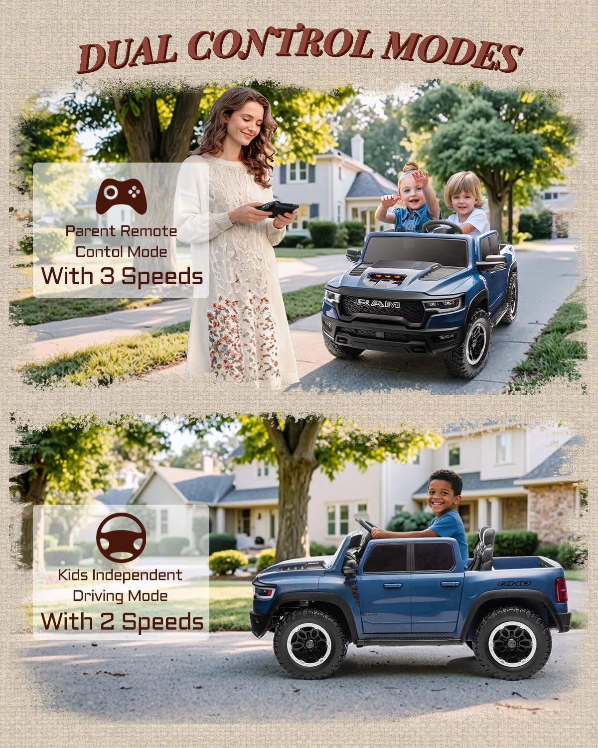 First Ride On 24V Ride On Toys for Big Kids, RAM 1500 2 Seater Ride on Car w/Remote, Battery Powered Truck w/ 4 Wheels Suspension, Toddler Car w/Bluetooth, LED Lights, Trunk & High Doors (DarkBlue)