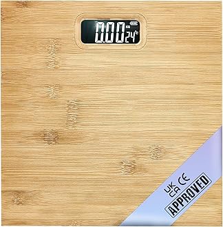 PUREFIT Digital Bathroom Scale for Measuring Body Weight - Bamboo Style Ultra Slim, High Precision, Smart Scale with LED Display - Weighing Scale with Battery Included LB/KG/ST Max Weight 180KG