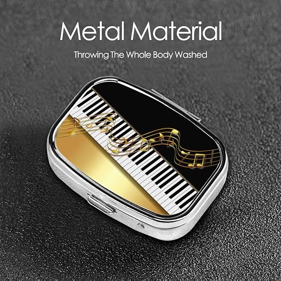 Elegant Gold Notes Piano Key Black,Meta Pill Box 2 Compartment Medicine Case,Portable Organizer