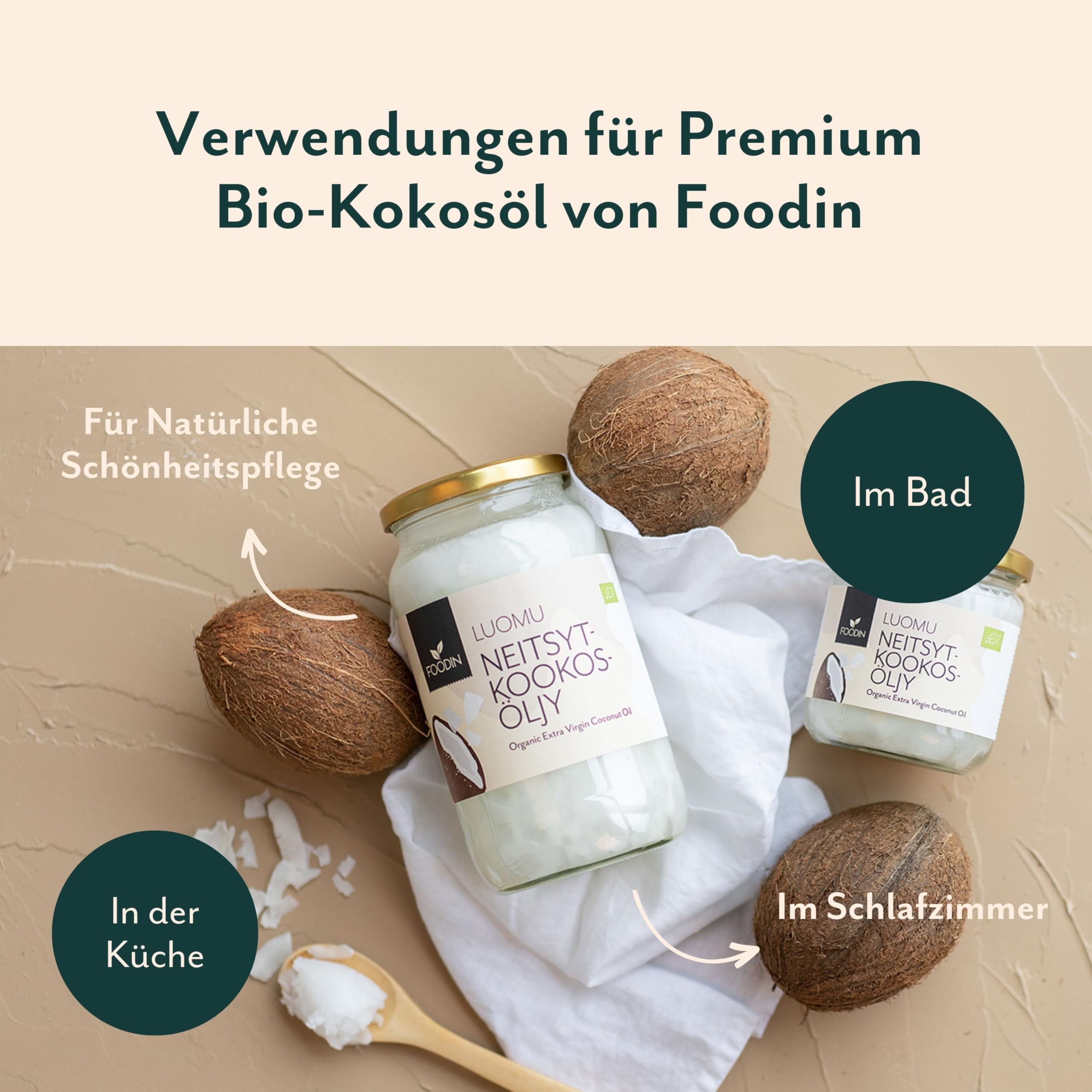 FOODIN Kokosöl, Premium Nativ & Natürlich, kaltgepresst, Bio-Kokosöl, Bio-Kokosfett, am besten für Haut und Haare, Rohkostqualität - ideal zum Braten und Kochen (3 x 1000 ml)